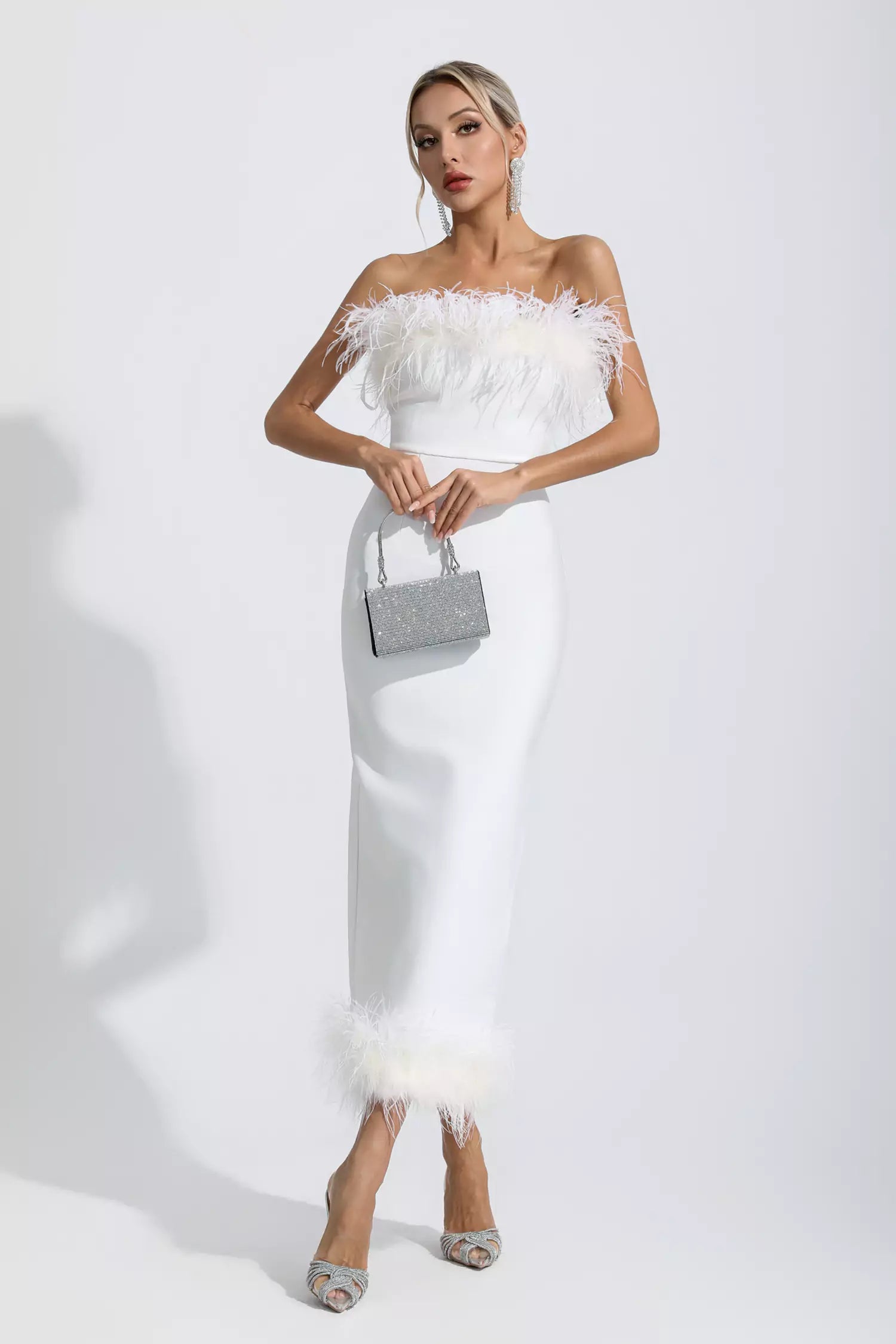 Noelle White Feather Off Shoulder Maxi Dress-CATCHALL