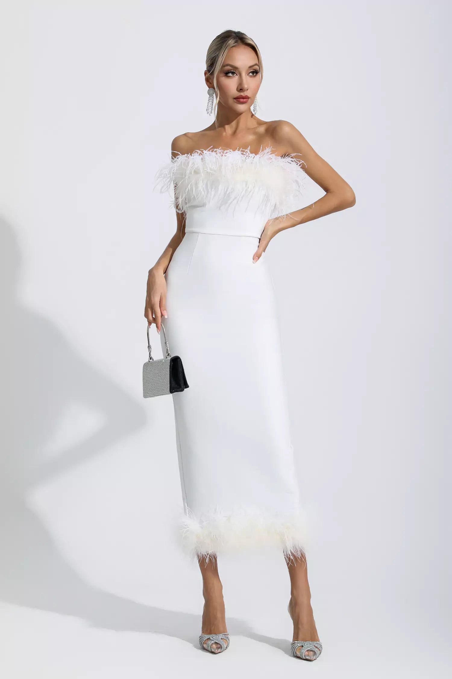 Noelle White Feather Off Shoulder Maxi Dress-CATCHALL