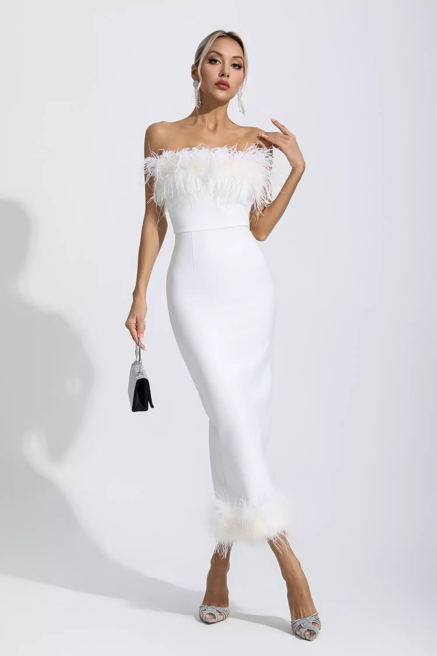 Noelle White Feather Off Shoulder Maxi Dress-CATCHALL