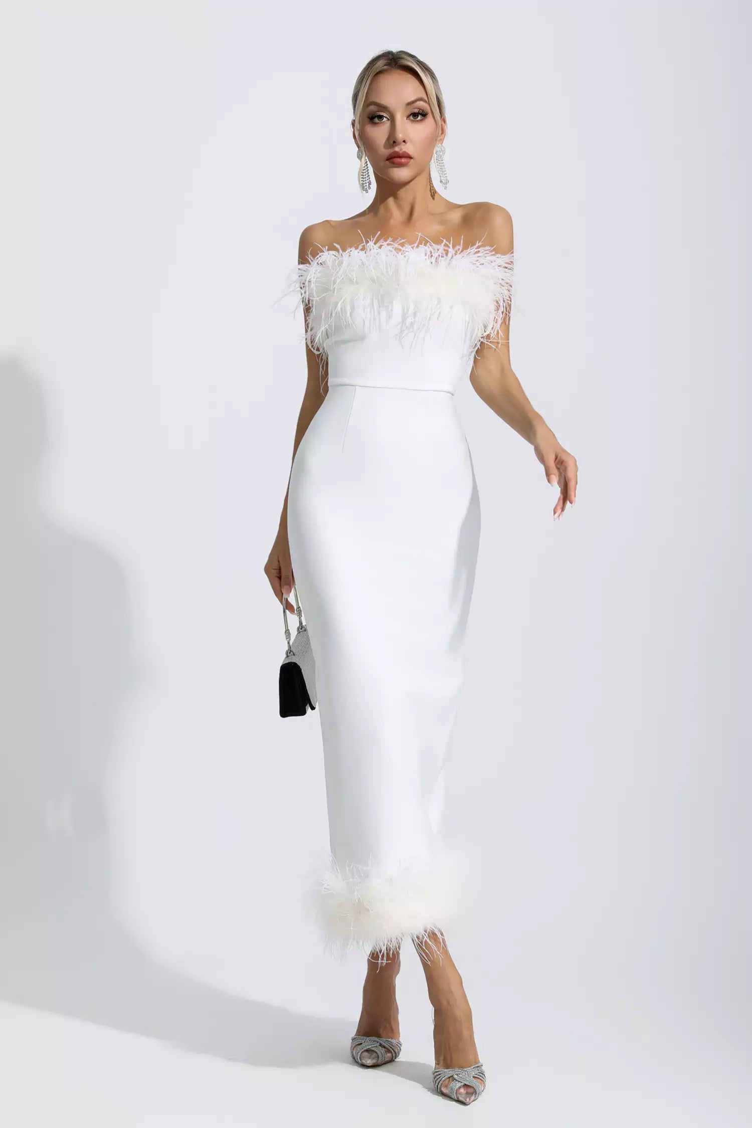 Noelle White Feather Off Shoulder Maxi Dress-CATCHALL