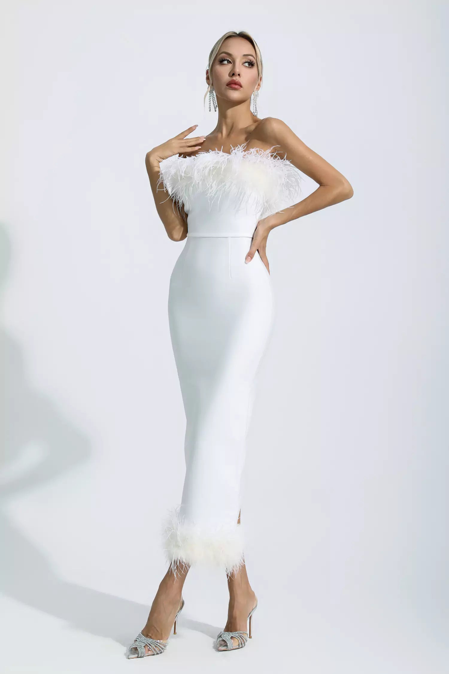 Noelle White Feather Off Shoulder Maxi Dress-CATCHALL
