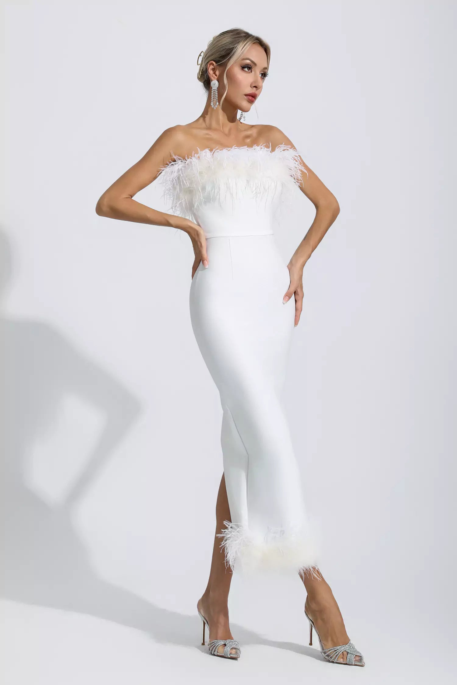 Noelle White Feather Off Shoulder Maxi Dress-CATCHALL