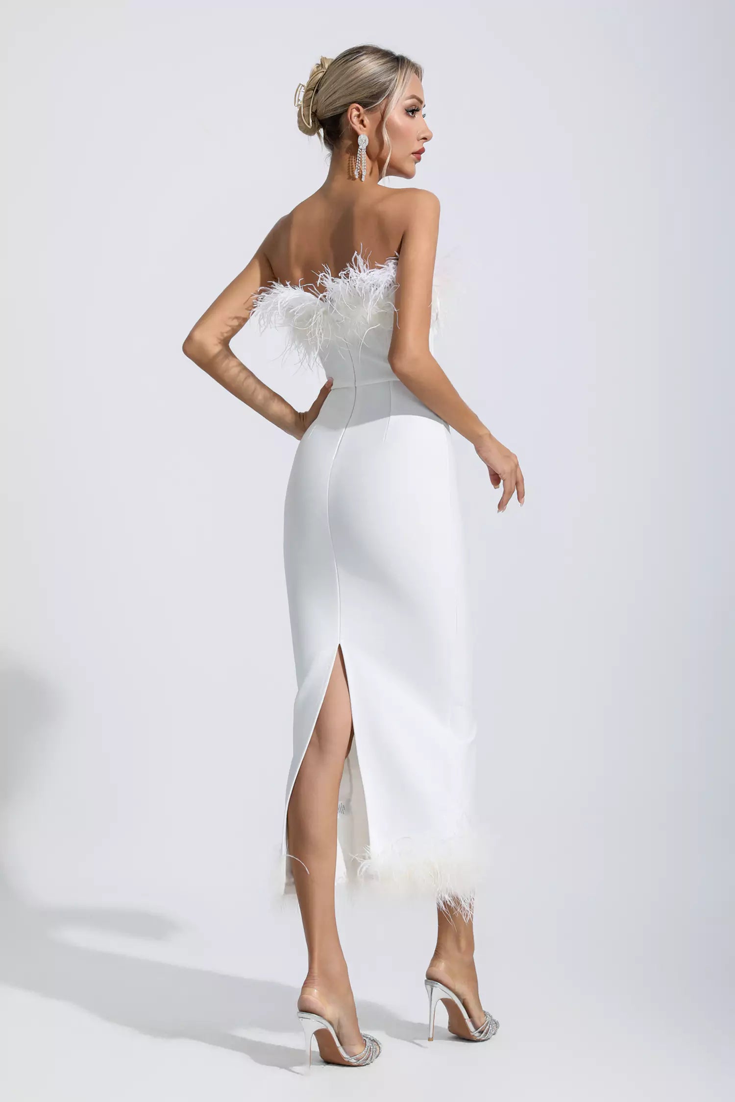 Noelle White Feather Off Shoulder Maxi Dress-CATCHALL
