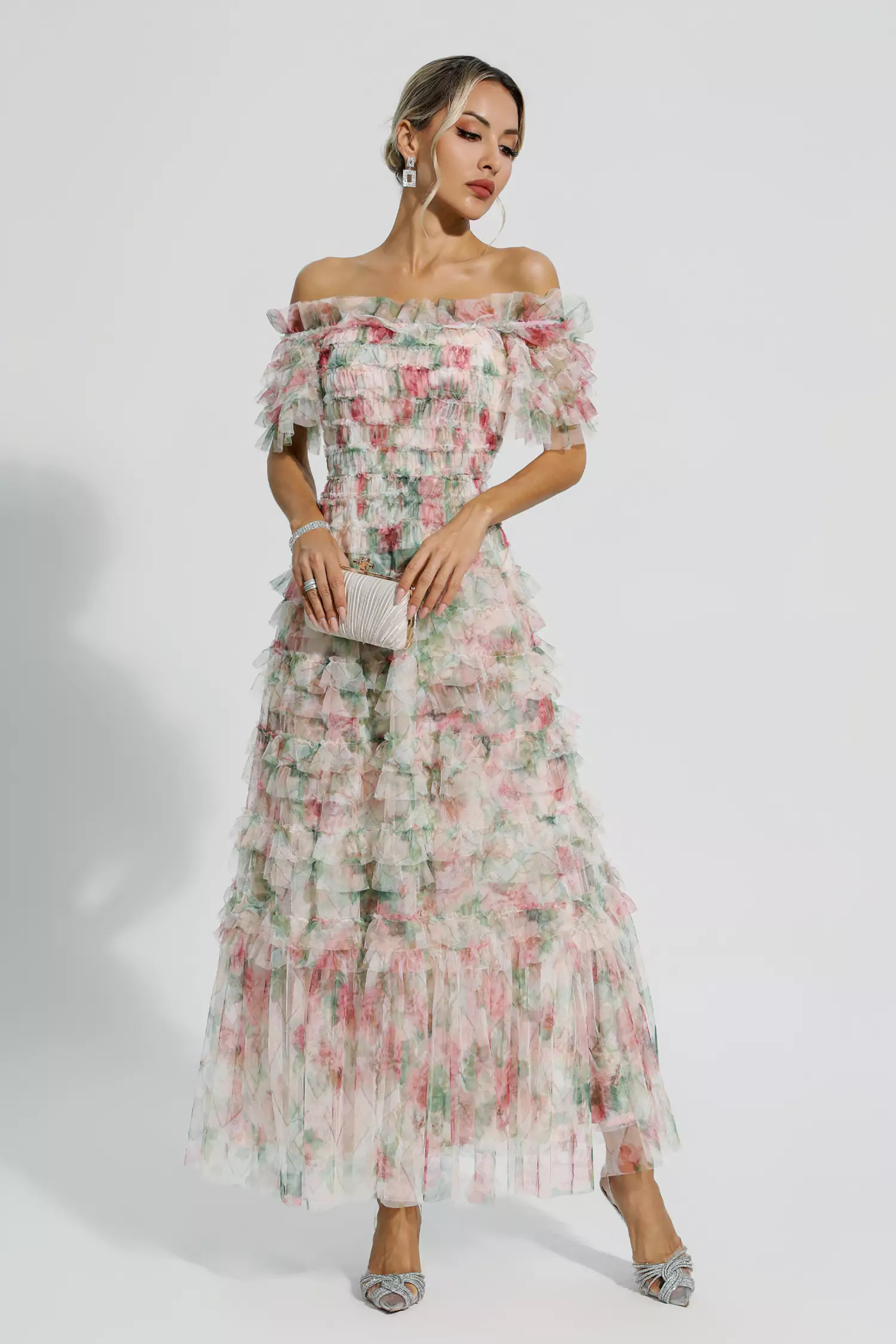 Nola Apricot Ruched Floral Maxi Dress