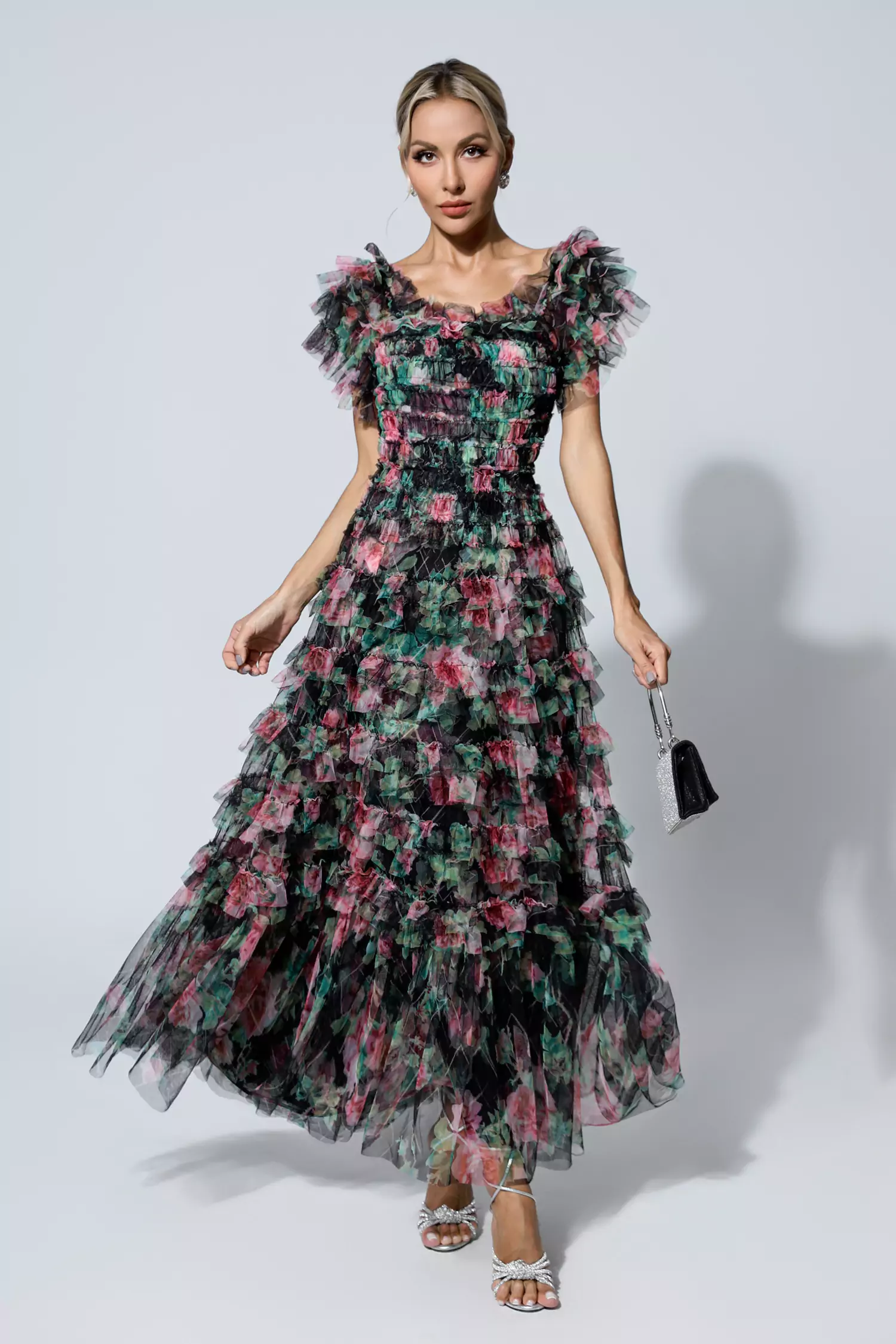 Nola Black Ruched Floral Maxi Dress
