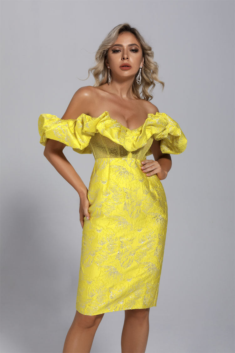 Nova Yellow Jacquard Off-shoulder Dress