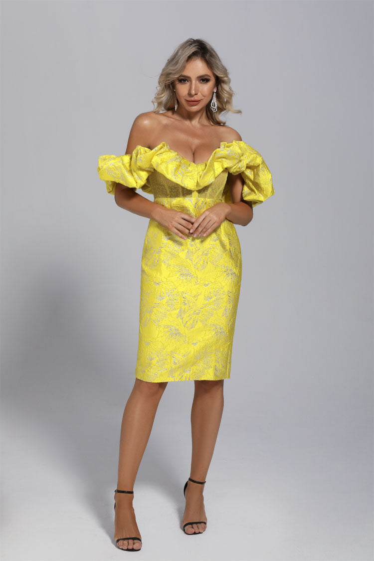 Nova Yellow Jacquard Off-shoulder Dress - Catchall