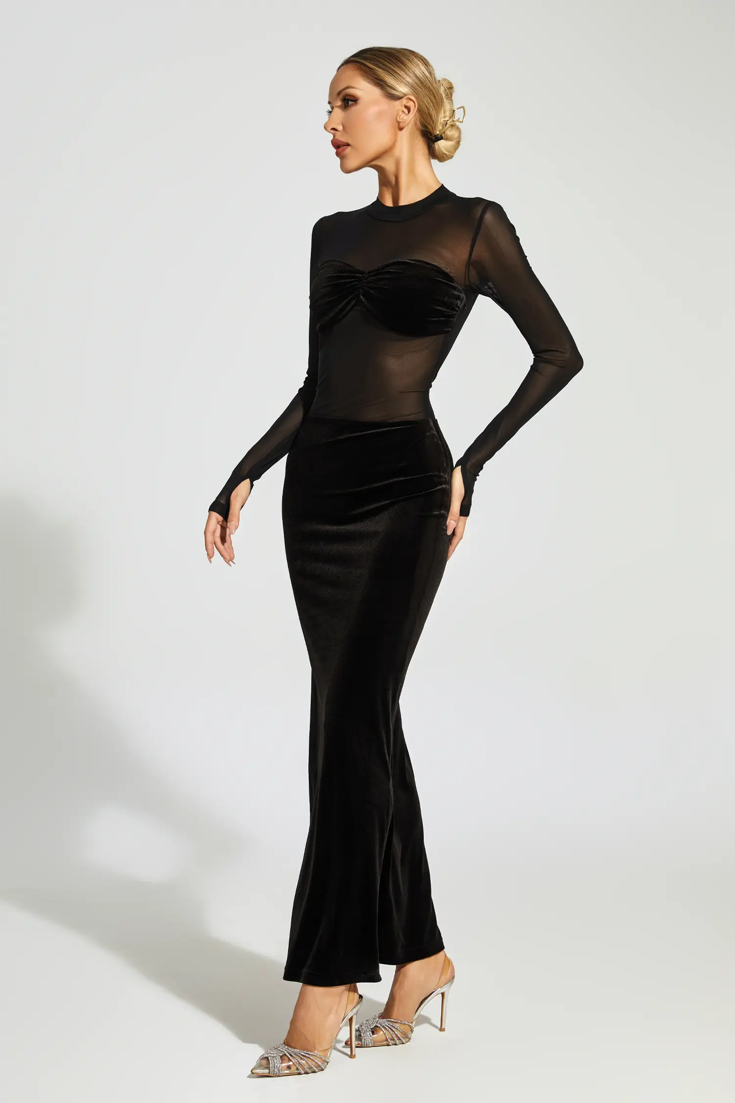 Nydia Black Mesh Velvet Maxi Dress-CATCHALL