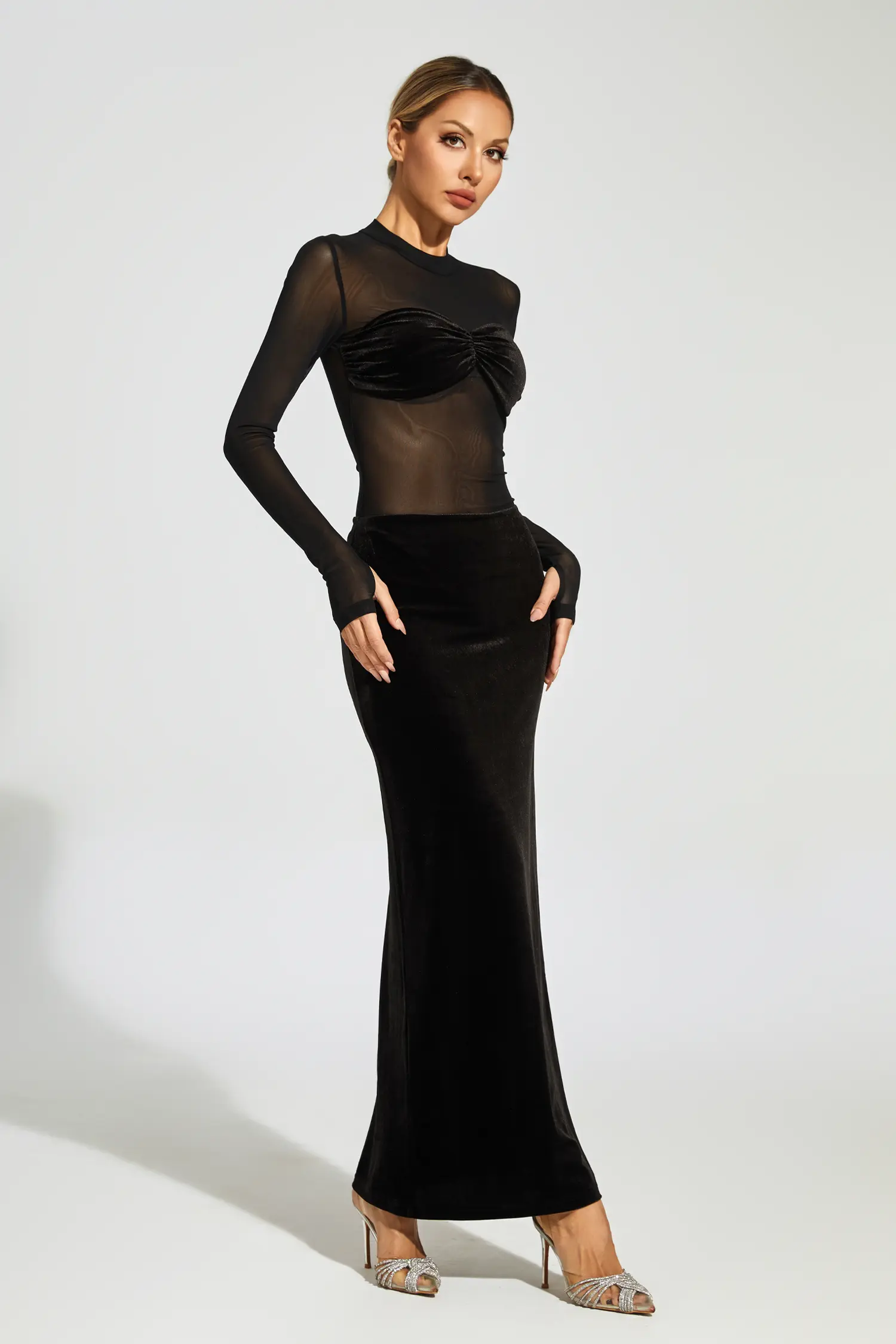Nydia Black Mesh Velvet Maxi Dress-CATCHALL