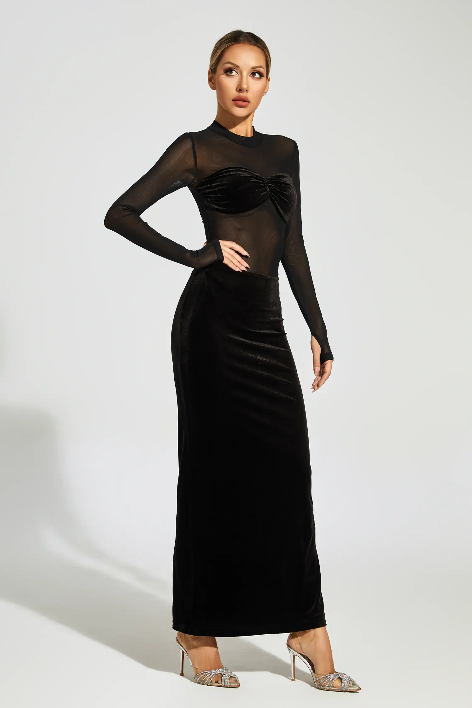 Nydia Black Mesh Velvet Maxi Dress-CATCHALL