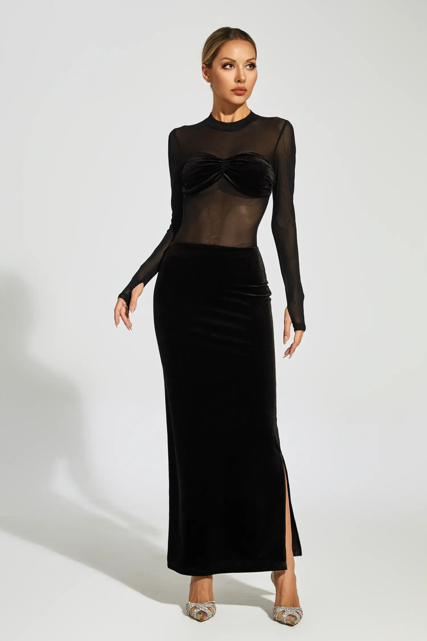 Nydia Black Mesh Velvet Maxi Dress-CATCHALL
