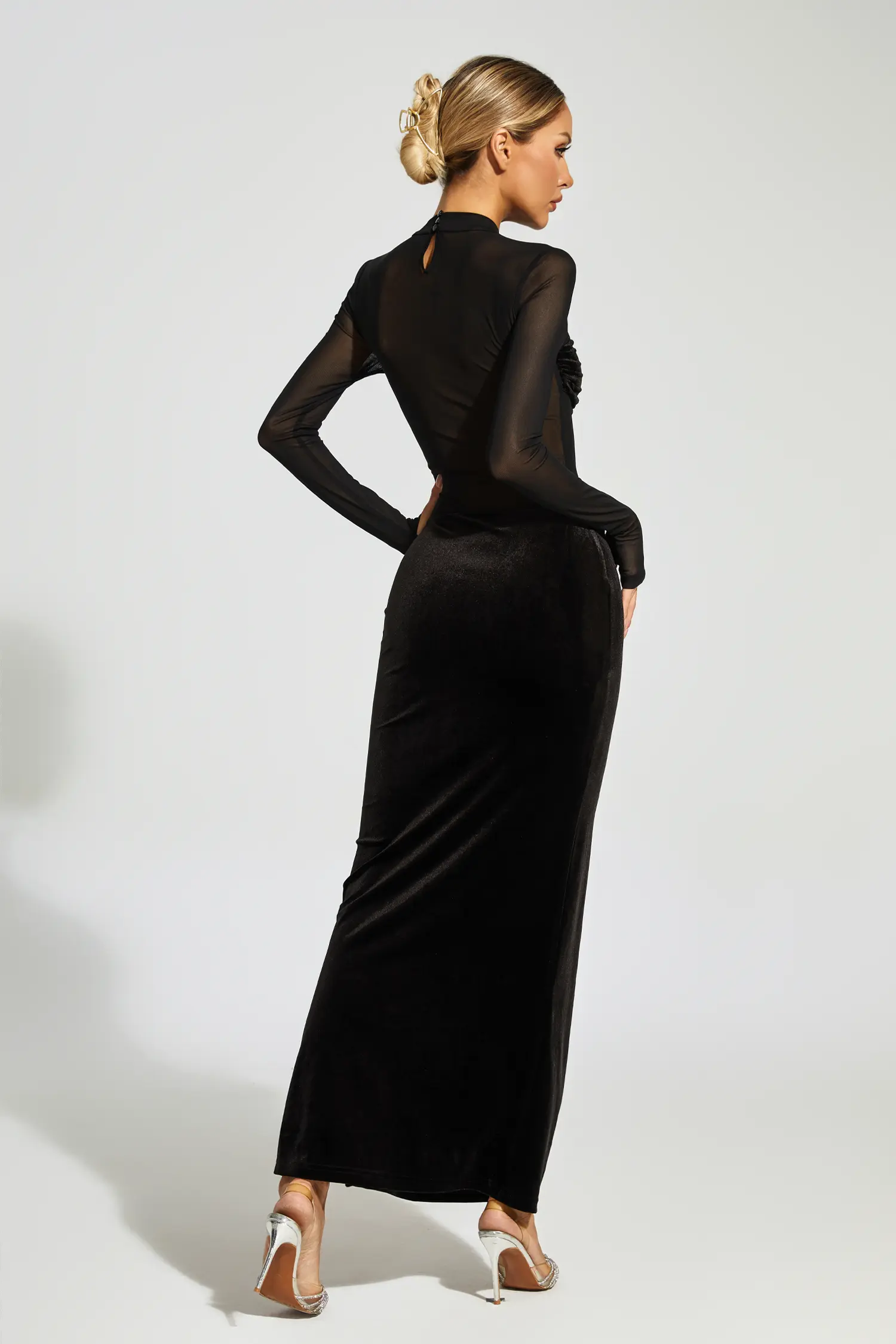 Nydia Black Mesh Velvet Maxi Dress-CATCHALL