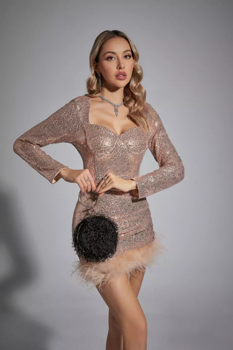 Oakley Champagne Feather Sequin Mini Dress-CATCHALL