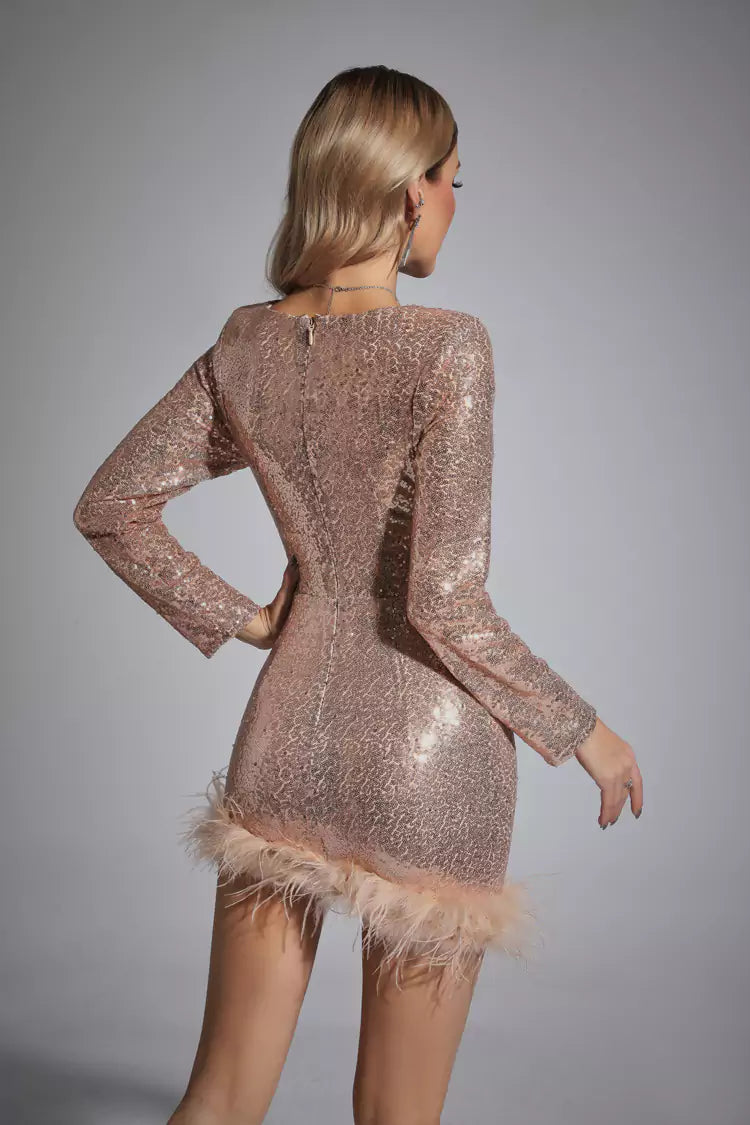 Oakley Champagne Feather Sequin Mini Dress-CATCHALL