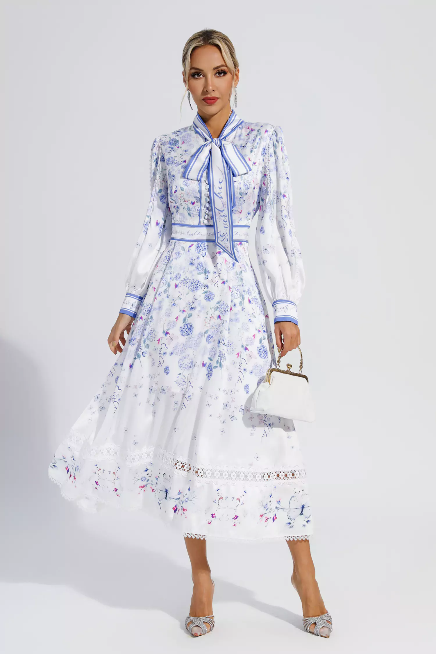 Oaklyn White Long Sleeve Floral Maxi Dress-CATCHALL