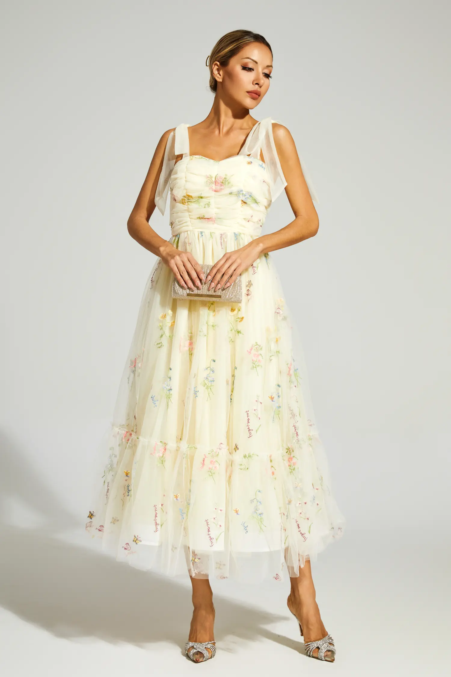 Oswald Pale Yellow Flower Mesh Midi Dress-CATCHALL