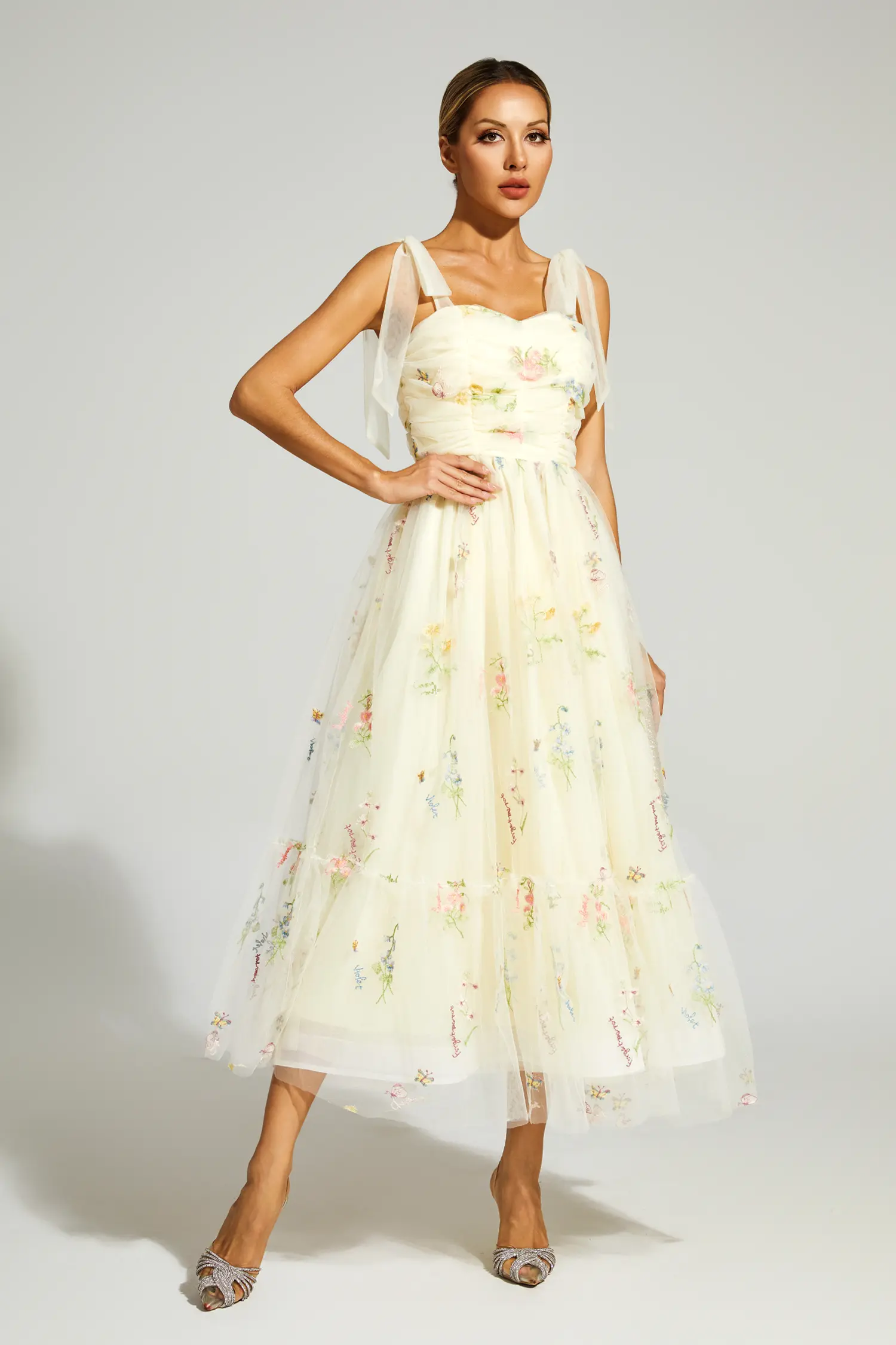 Oswald Pale Yellow Flower Mesh Midi Dress-CATCHALL