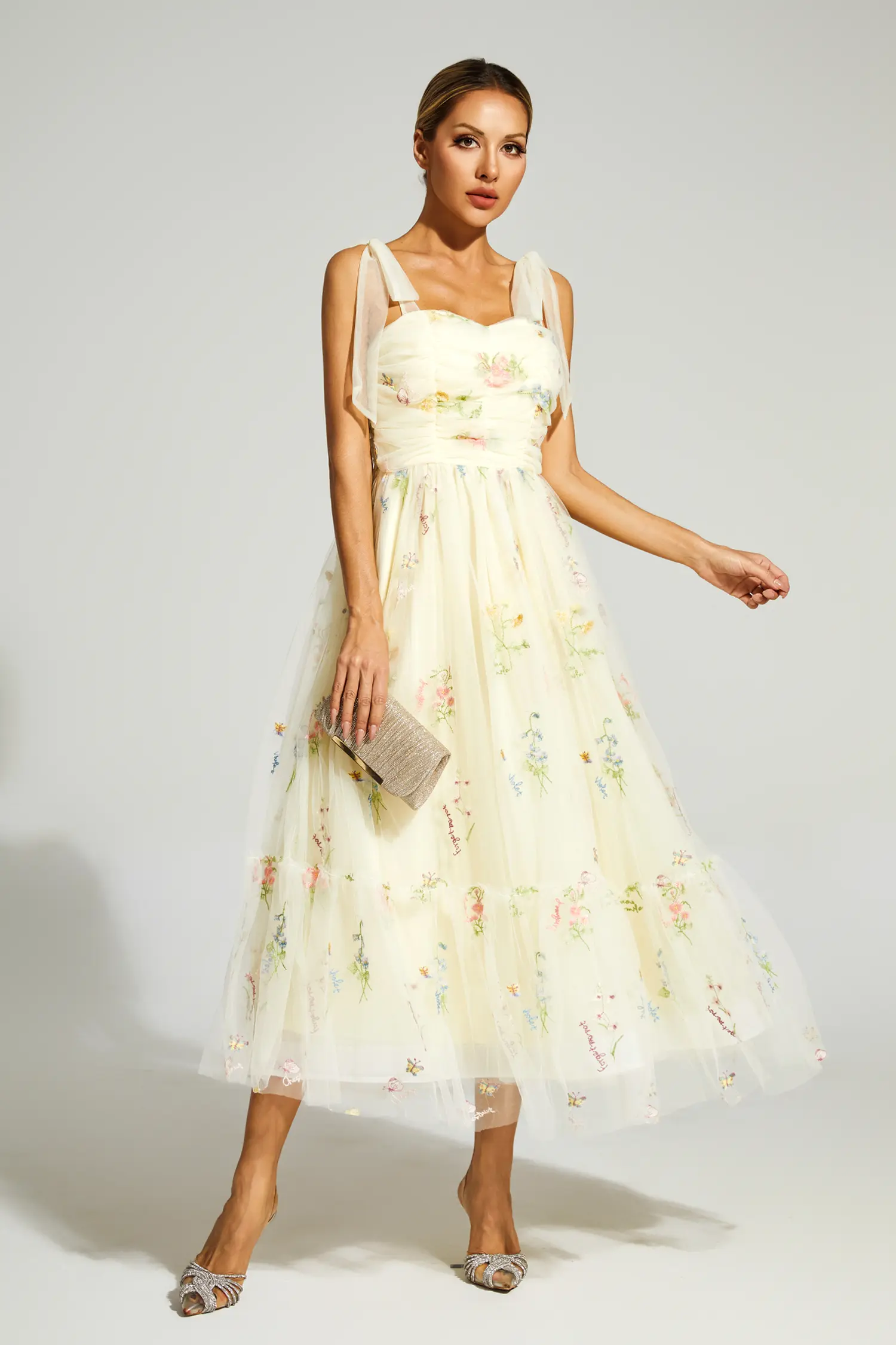 Oswald Pale Yellow Flower Mesh Midi Dress-CATCHALL