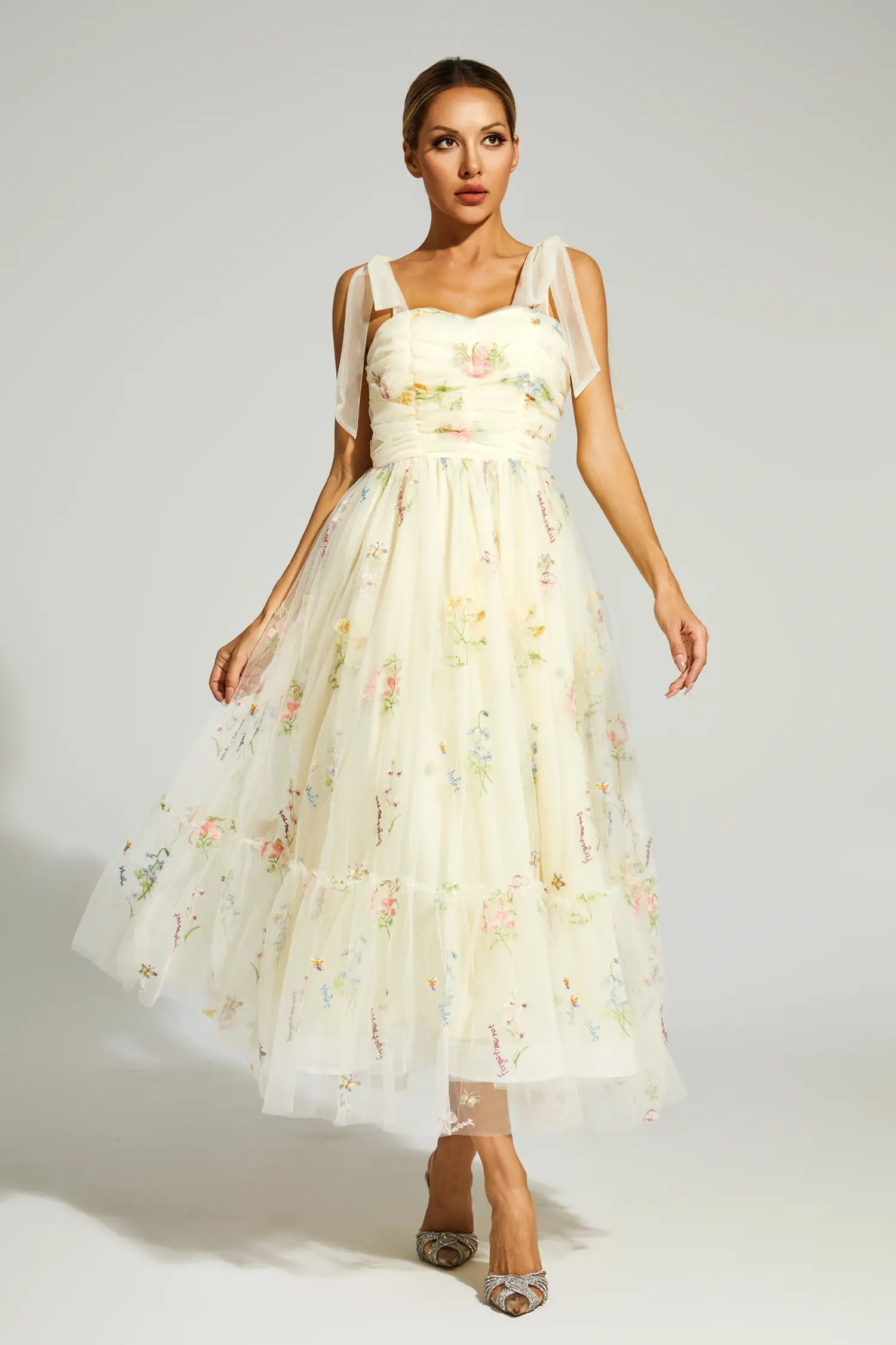 Oswald Pale Yellow Flower Mesh Midi Dress-CATCHALL