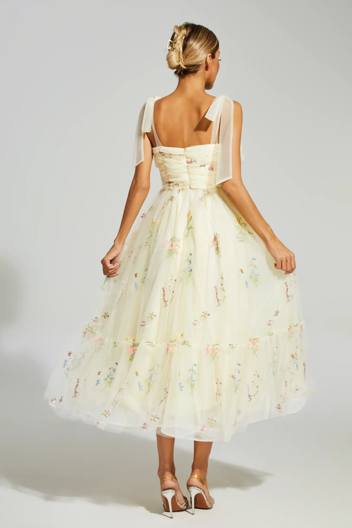 Oswald Pale Yellow Flower Mesh Midi Dress-CATCHALL