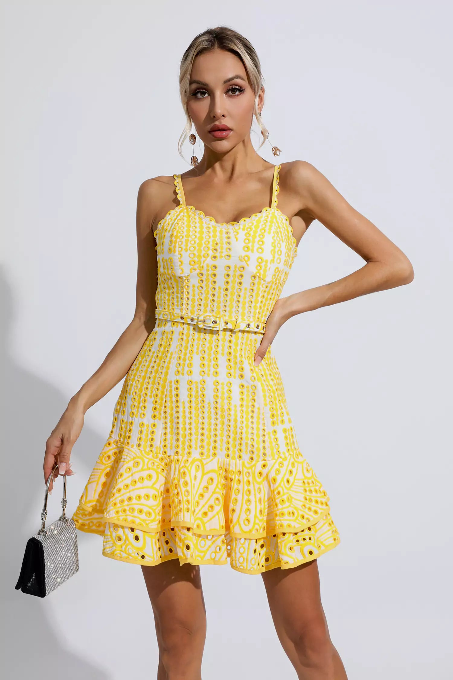 Paislee Yellow Cutout Ruffle Mini Dress-CATCHALL