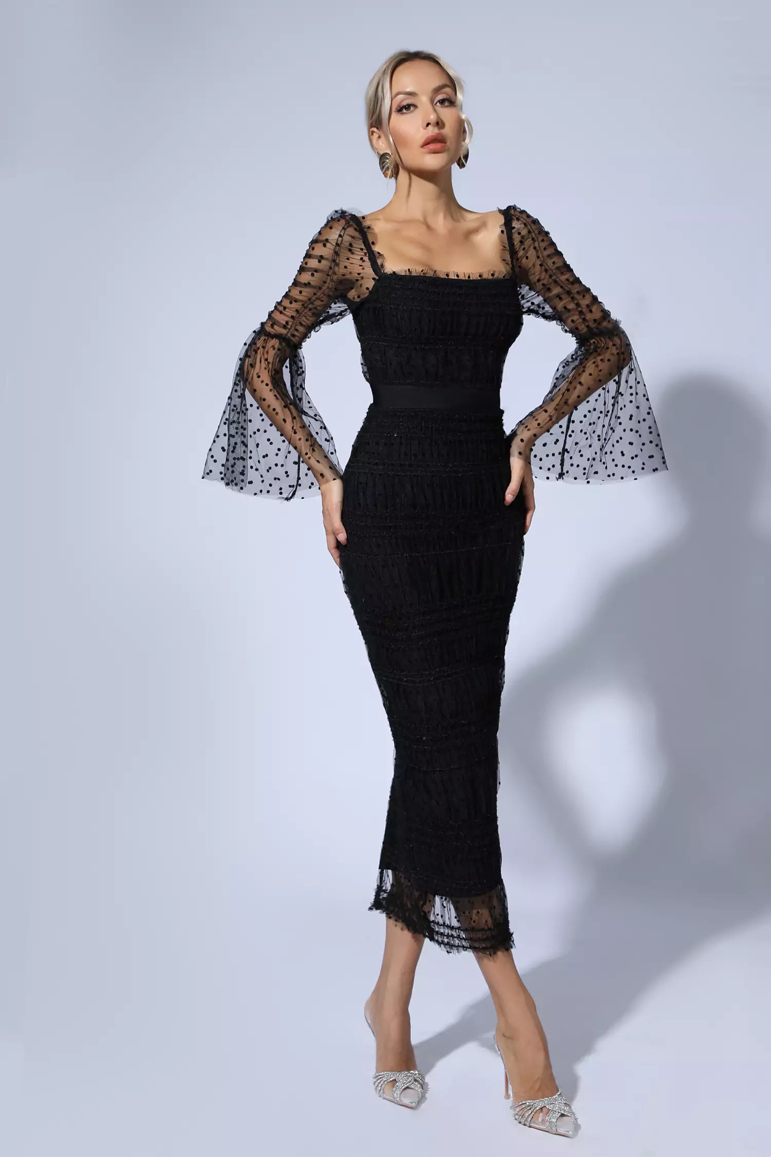 Palmer Black Mesh Midi Dress-CATCHALL
