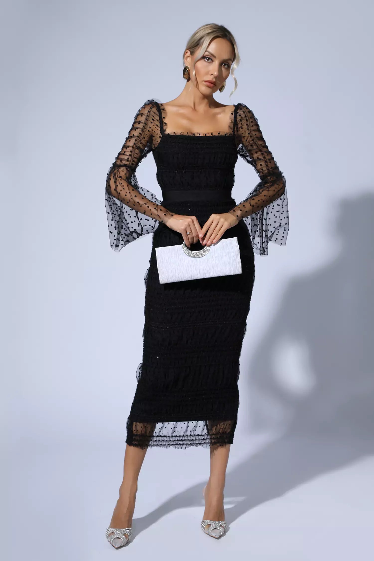 Palmer Black Mesh Midi Dress-CATCHALL