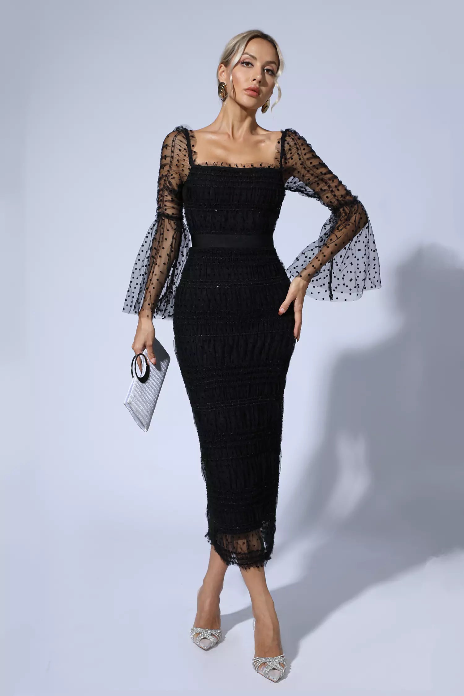 Palmer Black Mesh Midi Dress-CATCHALL