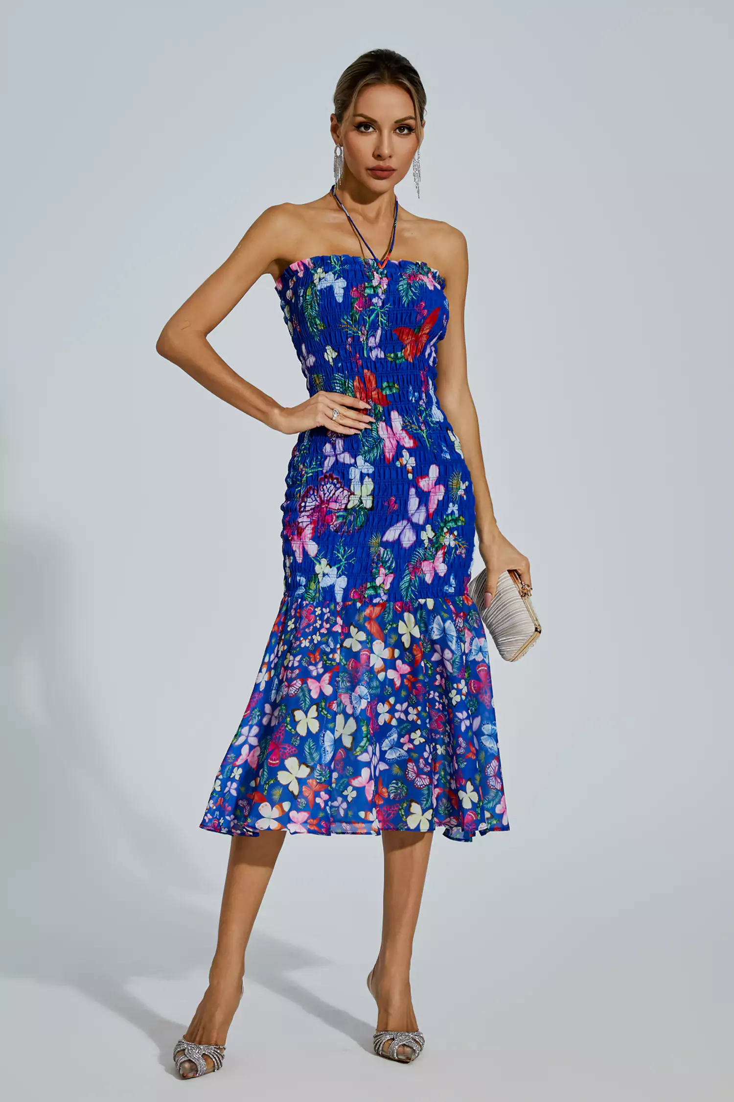 Paloma Blue Butterfly Printed Halter Dress-CATCHALL