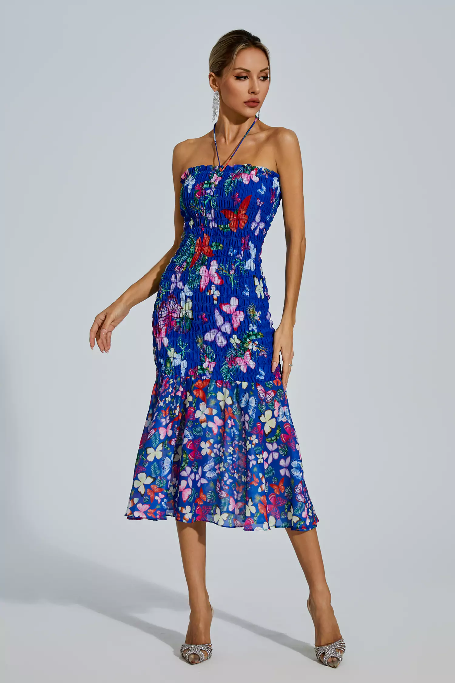 Paloma Blue Butterfly Printed Halter Dress-CATCHALL