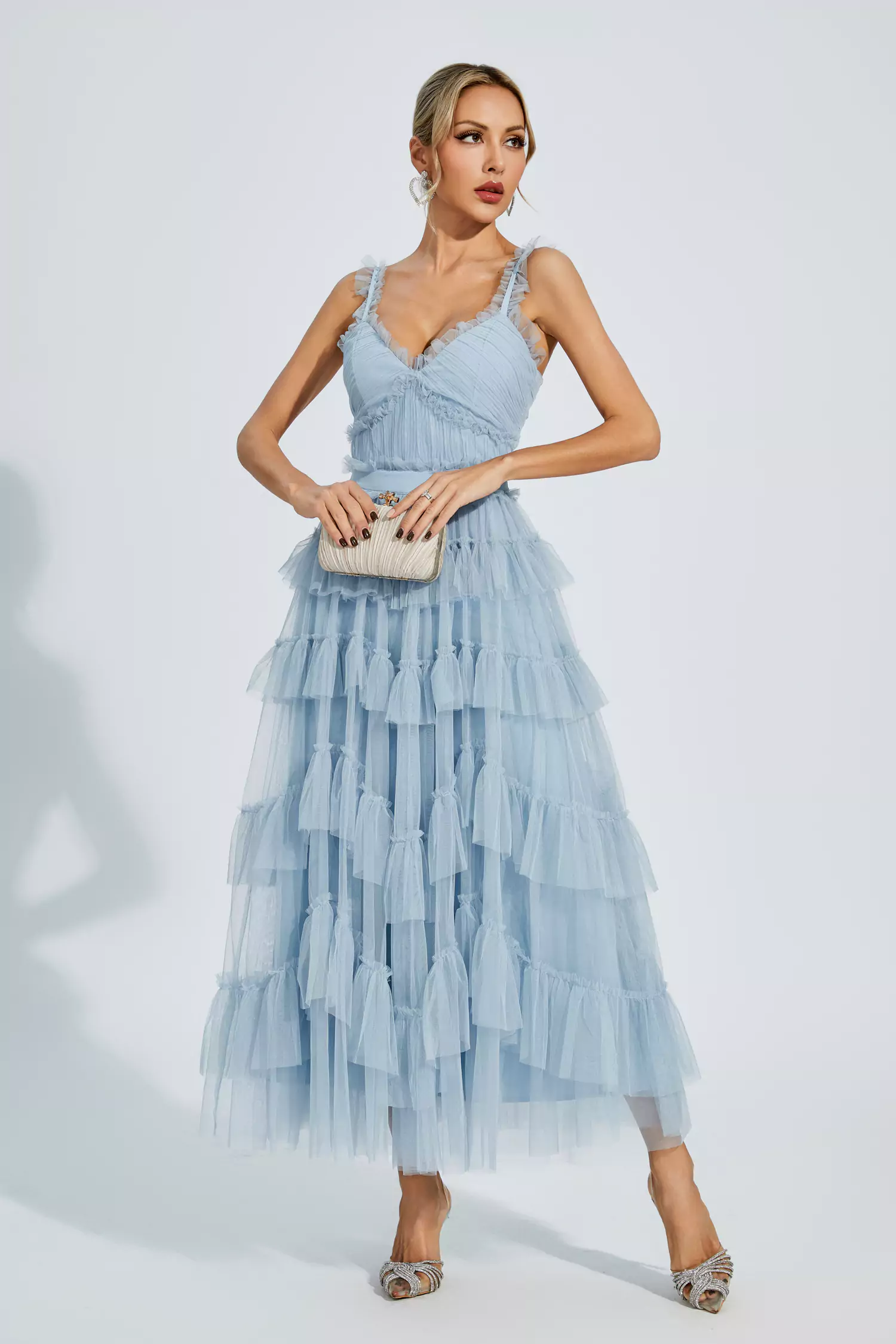 Pearl Blue Mesh Maxi Slip Dress-CATCHALL