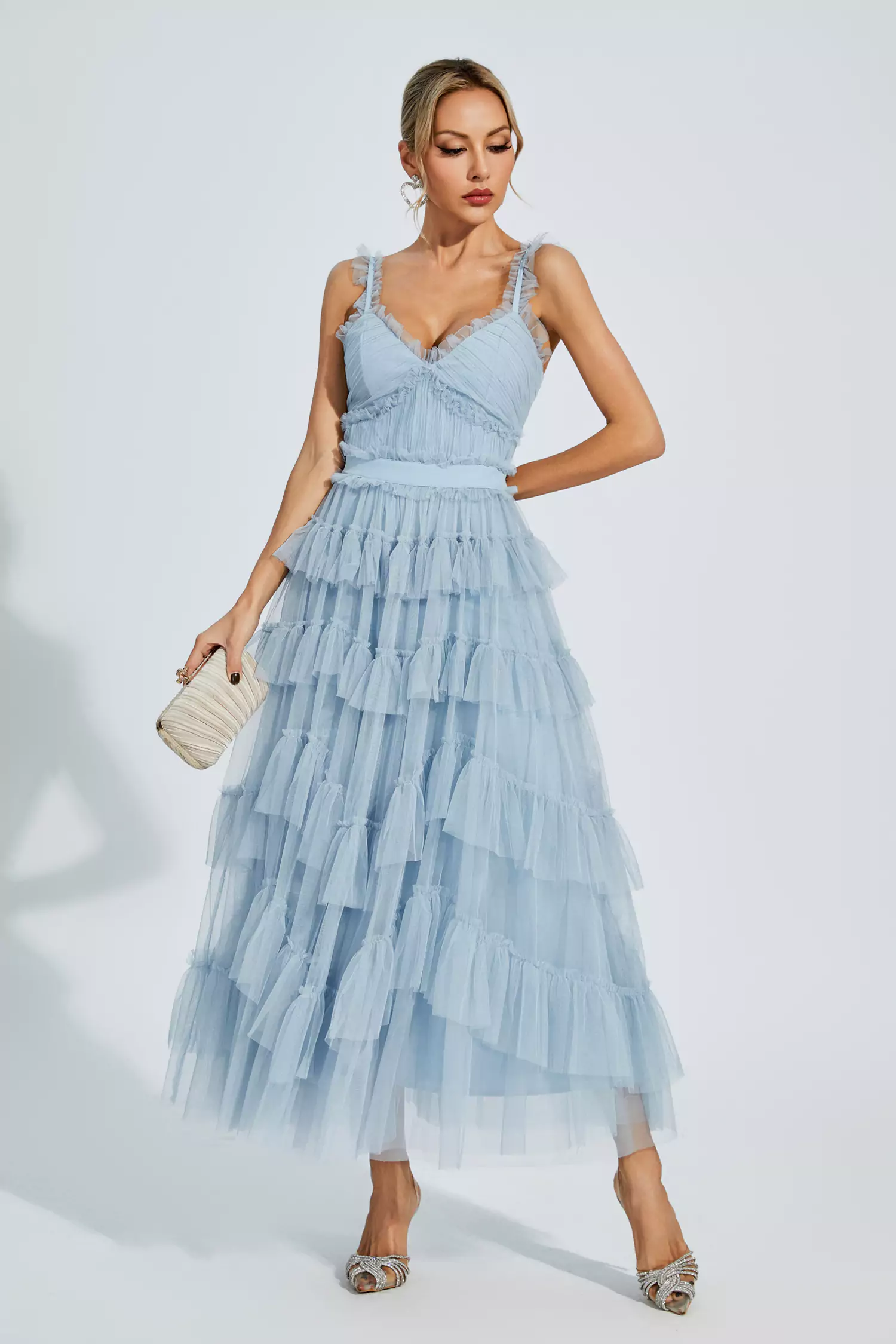 Pearl Blue Mesh Maxi Slip Dress-CATCHALL