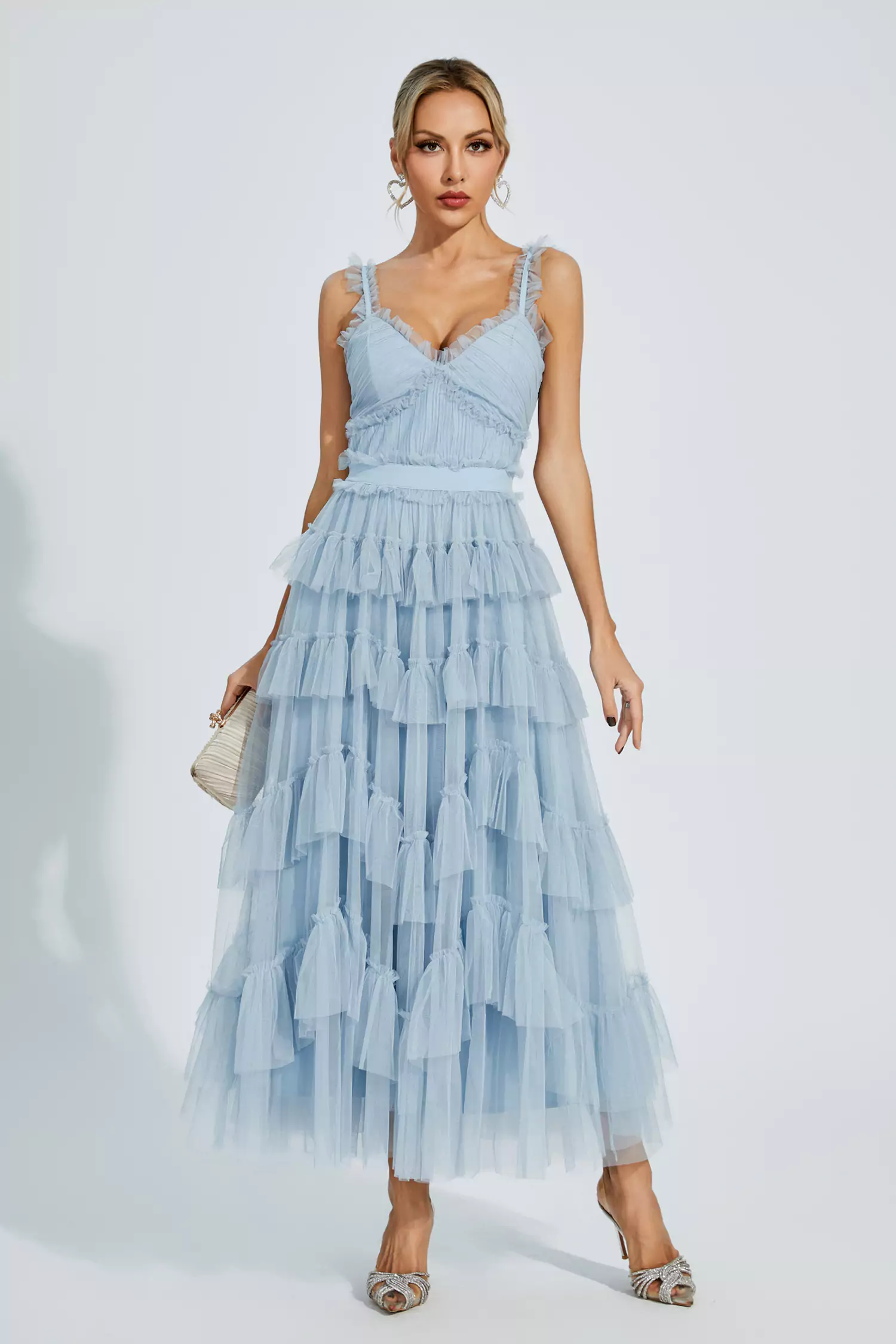 Pearl Blue Mesh Maxi Slip Dress-CATCHALL