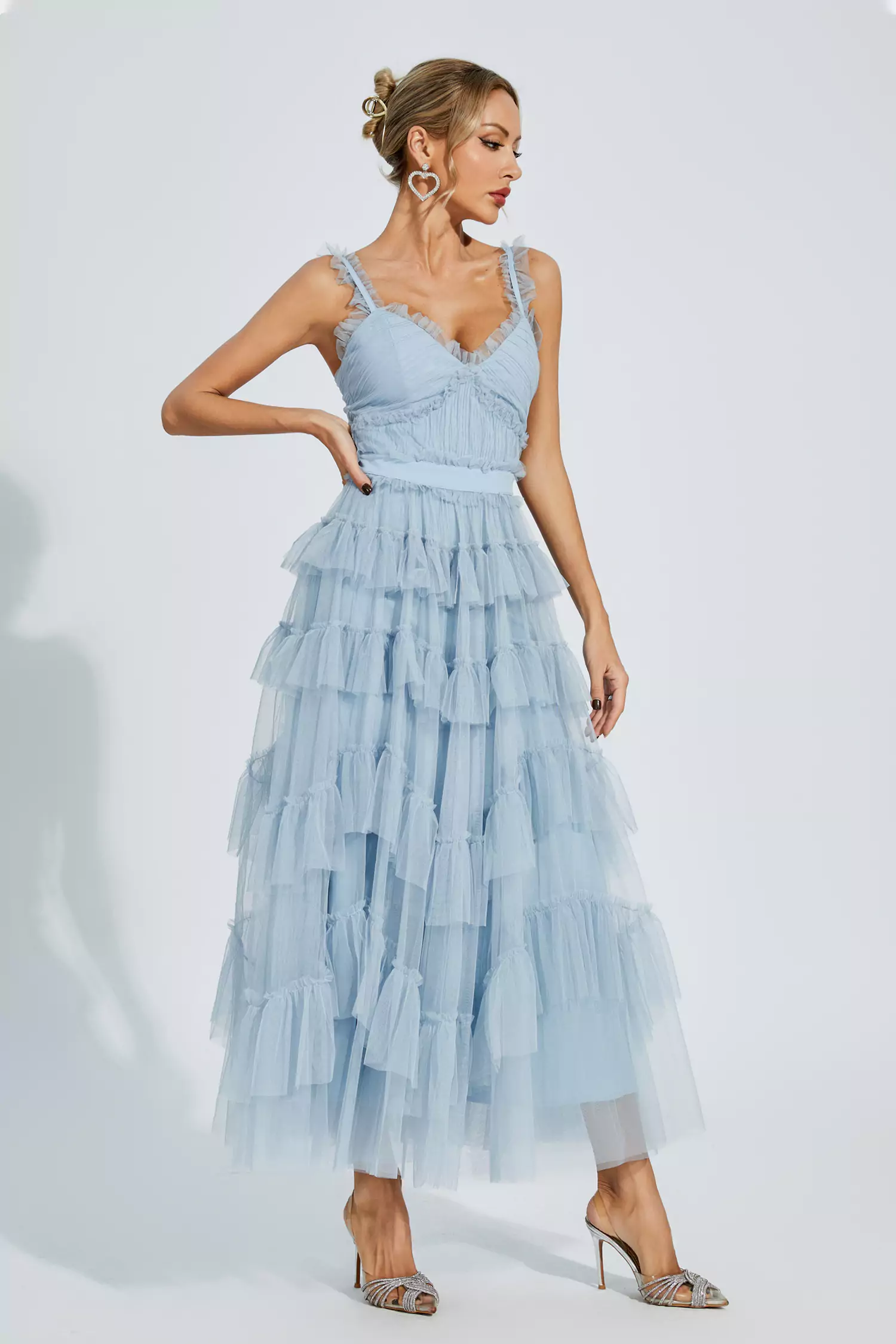 Pearl Blue Mesh Maxi Slip Dress-CATCHALL