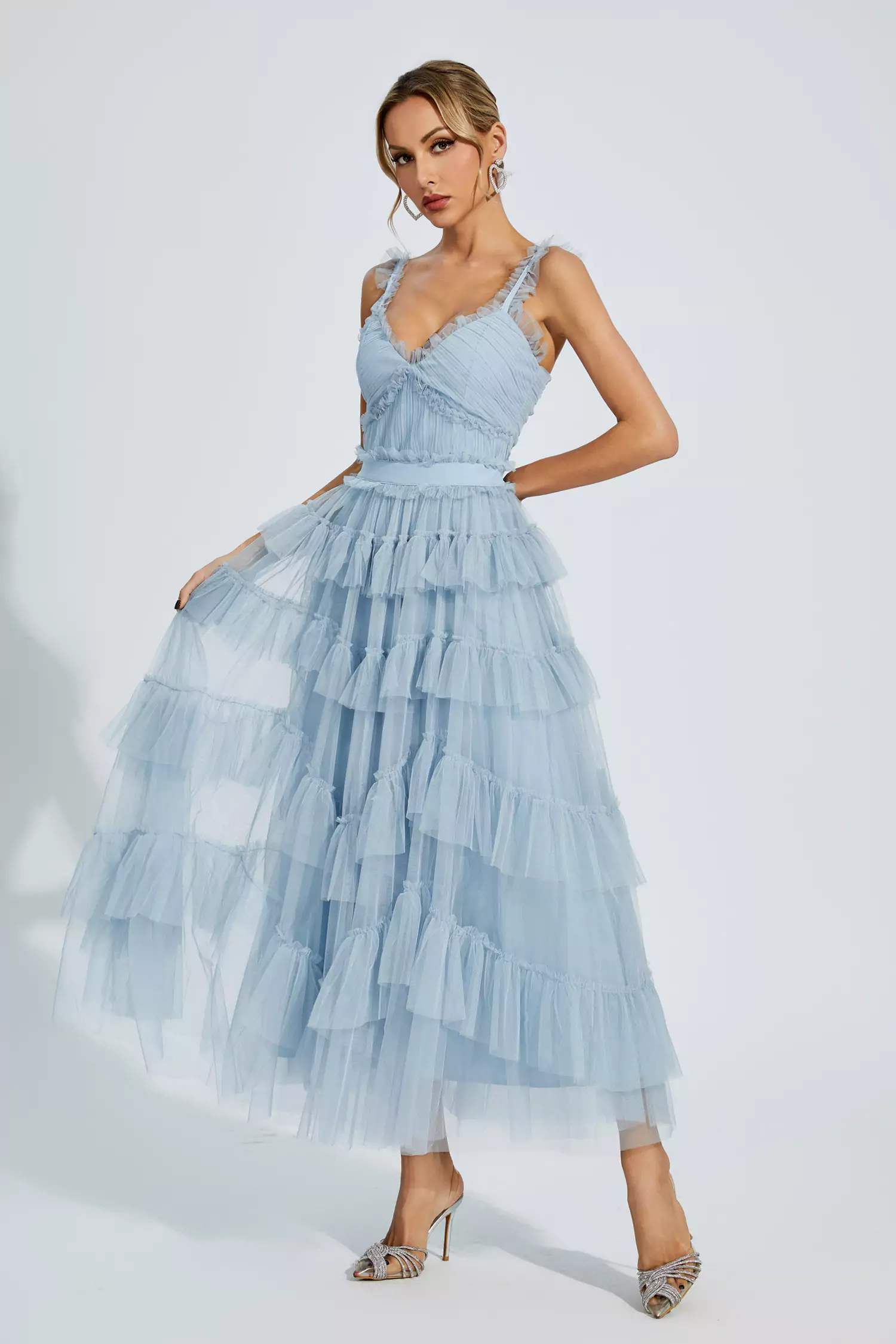 Pearl Blue Mesh Maxi Slip Dress-CATCHALL