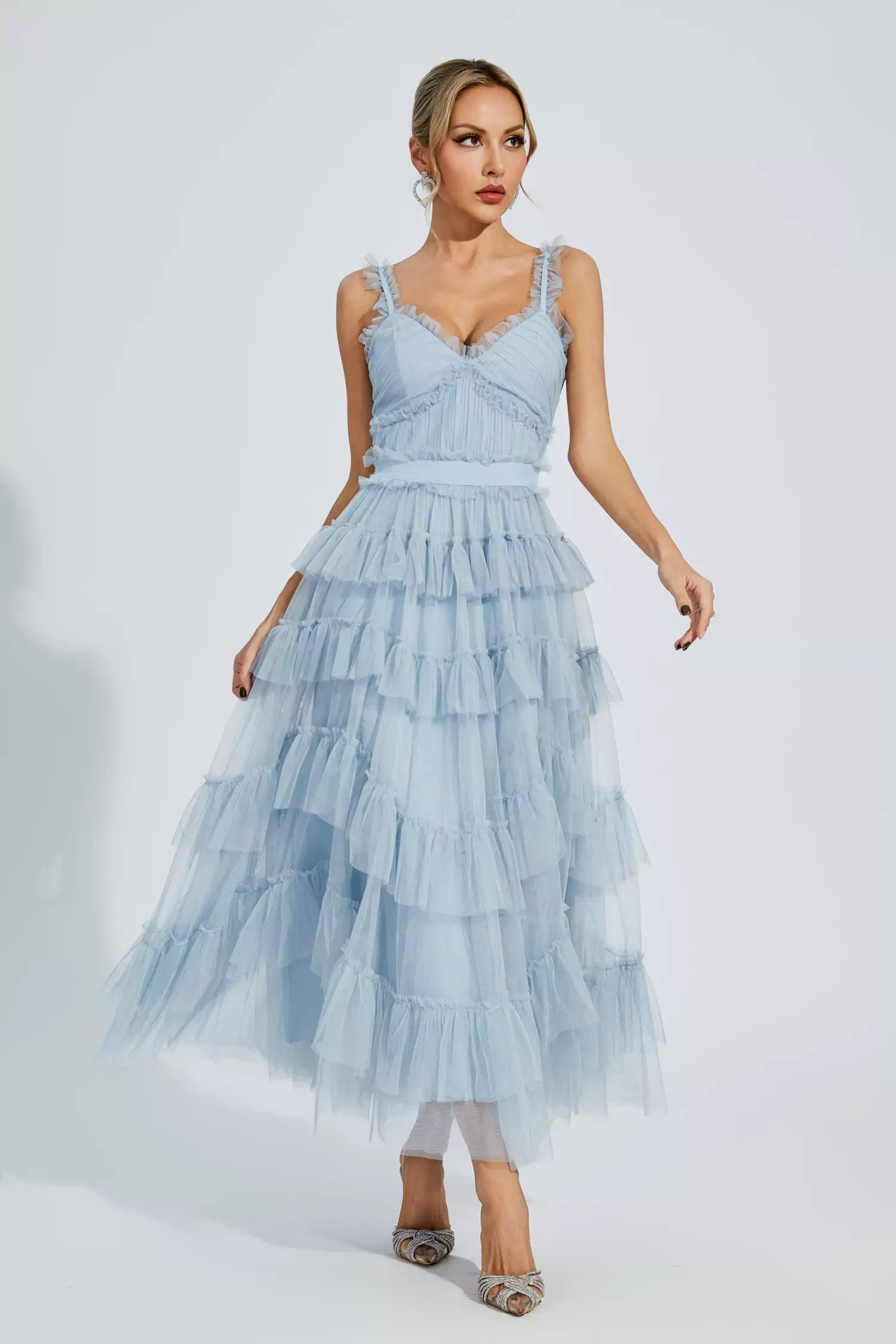 Pearl Blue Mesh Maxi Slip Dress-CATCHALL