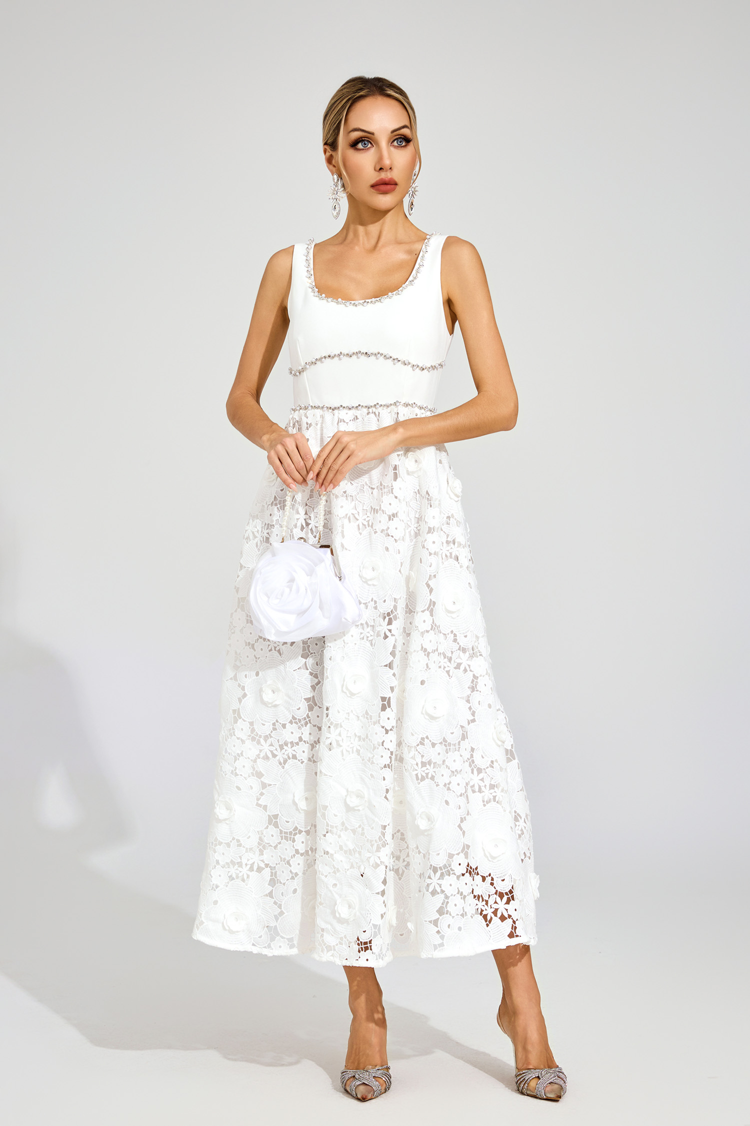 Peter White Cut Out Flower Sleeveless Dress