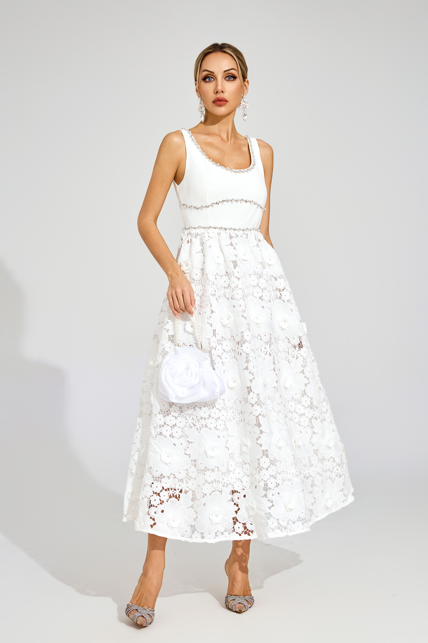 Peter White Cut Out Flower Sleeveless Dress