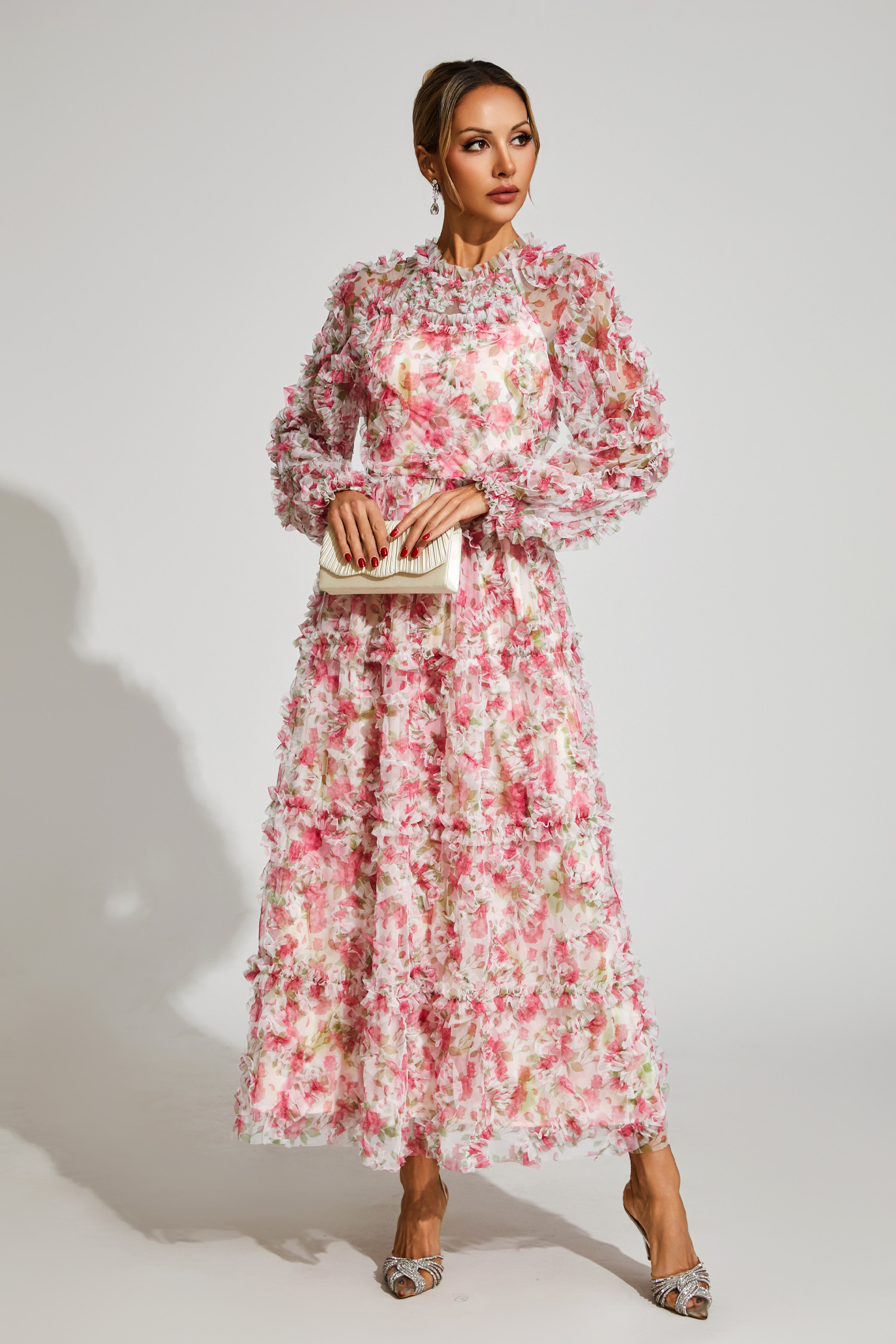 Pullan Pink Floral Mesh Maxi Dress