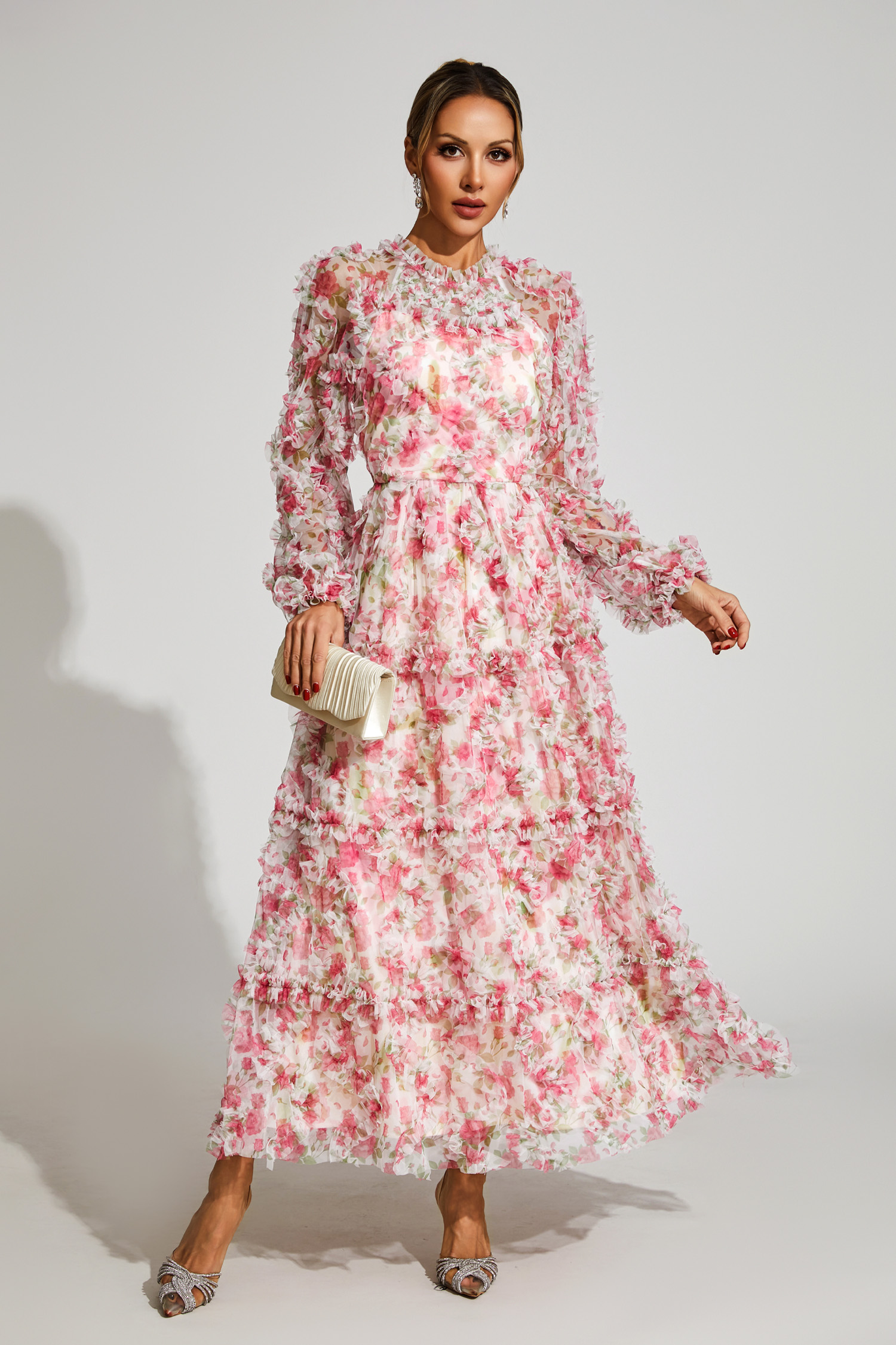 Pullan Pink Floral Mesh Maxi Dress