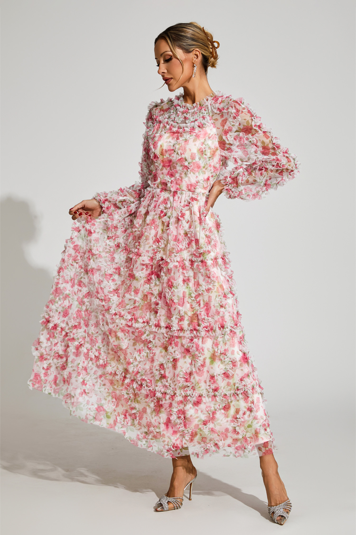 Pullan Pink Floral Mesh Maxi Dress