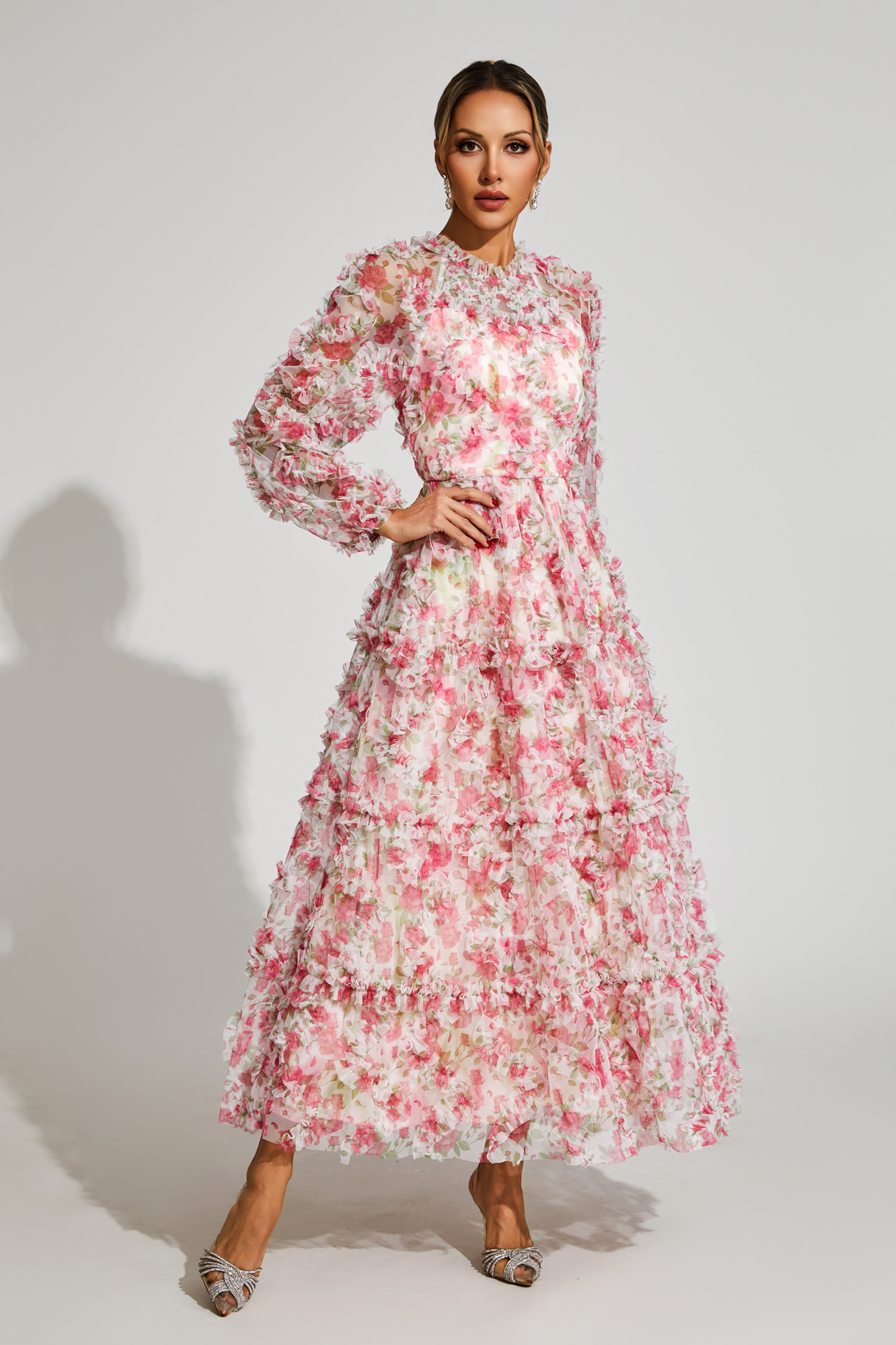 Pullan Pink Floral Mesh Maxi Dress