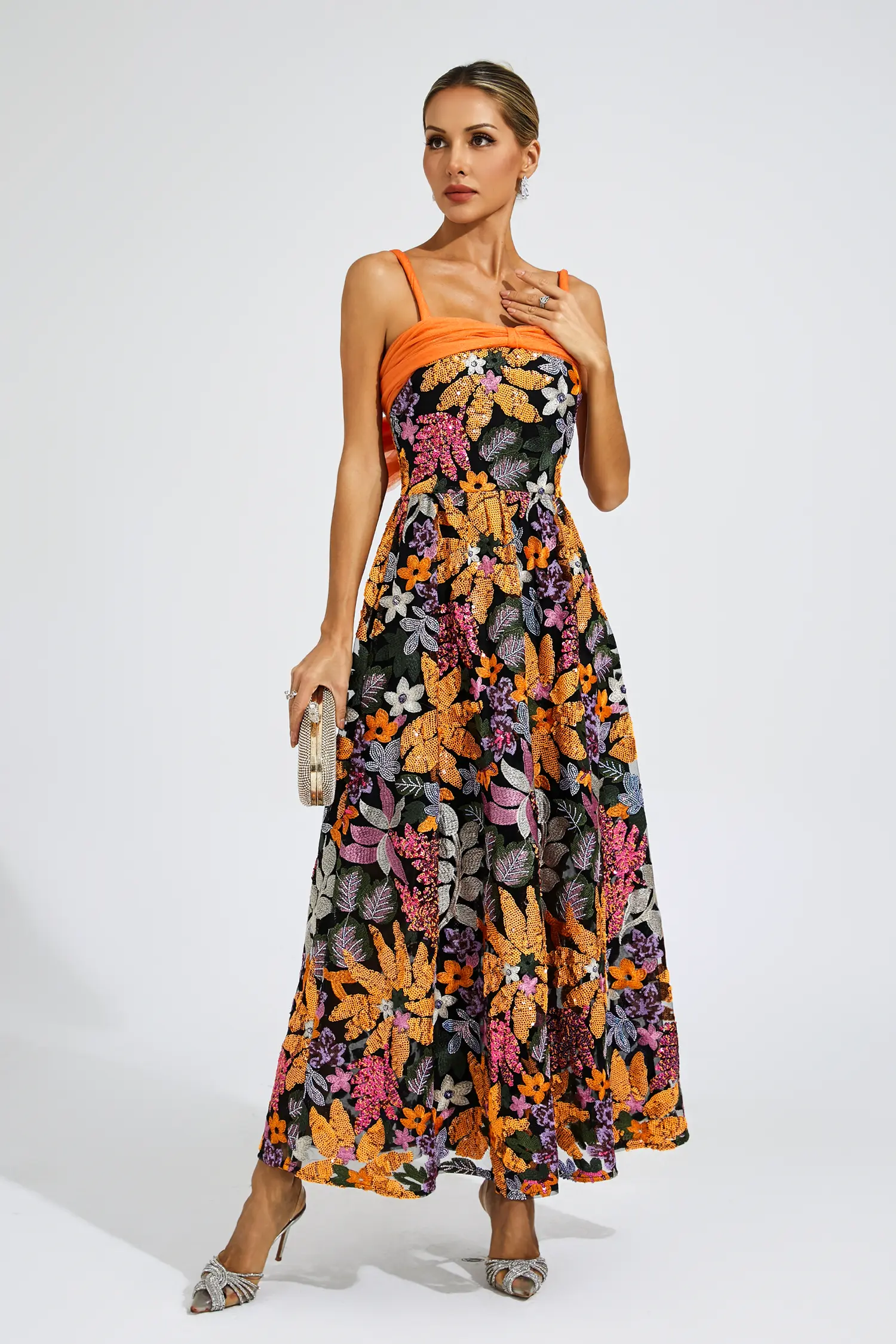 Quentin Floral Sequins Slip Maxi Dress-CATCHALL