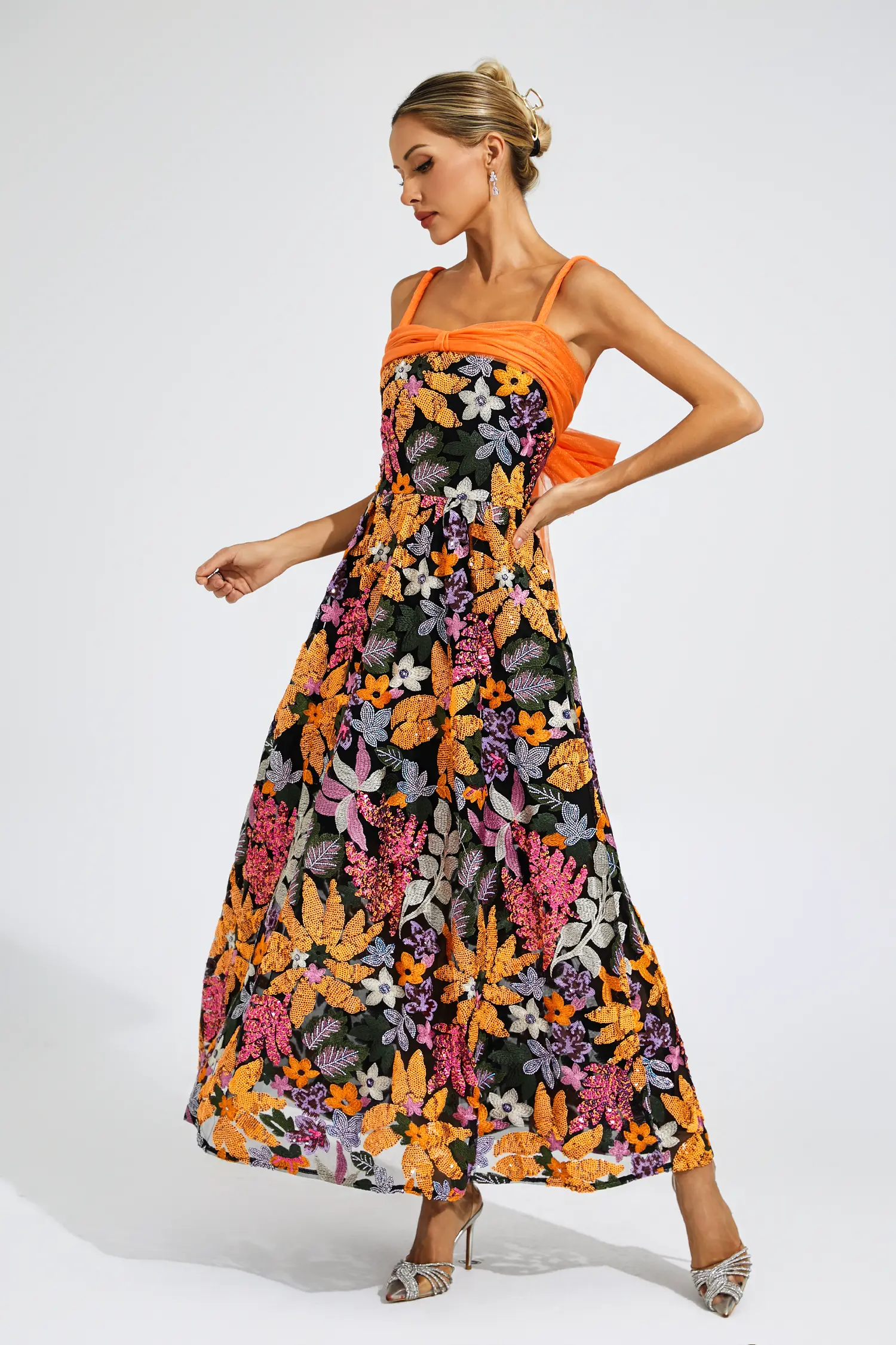 Quentin Floral Sequins Slip Maxi Dress-CATCHALL