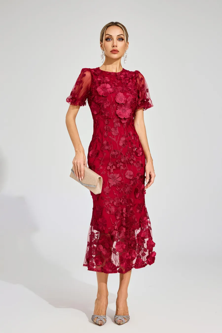 Flower Mesh Dress in red