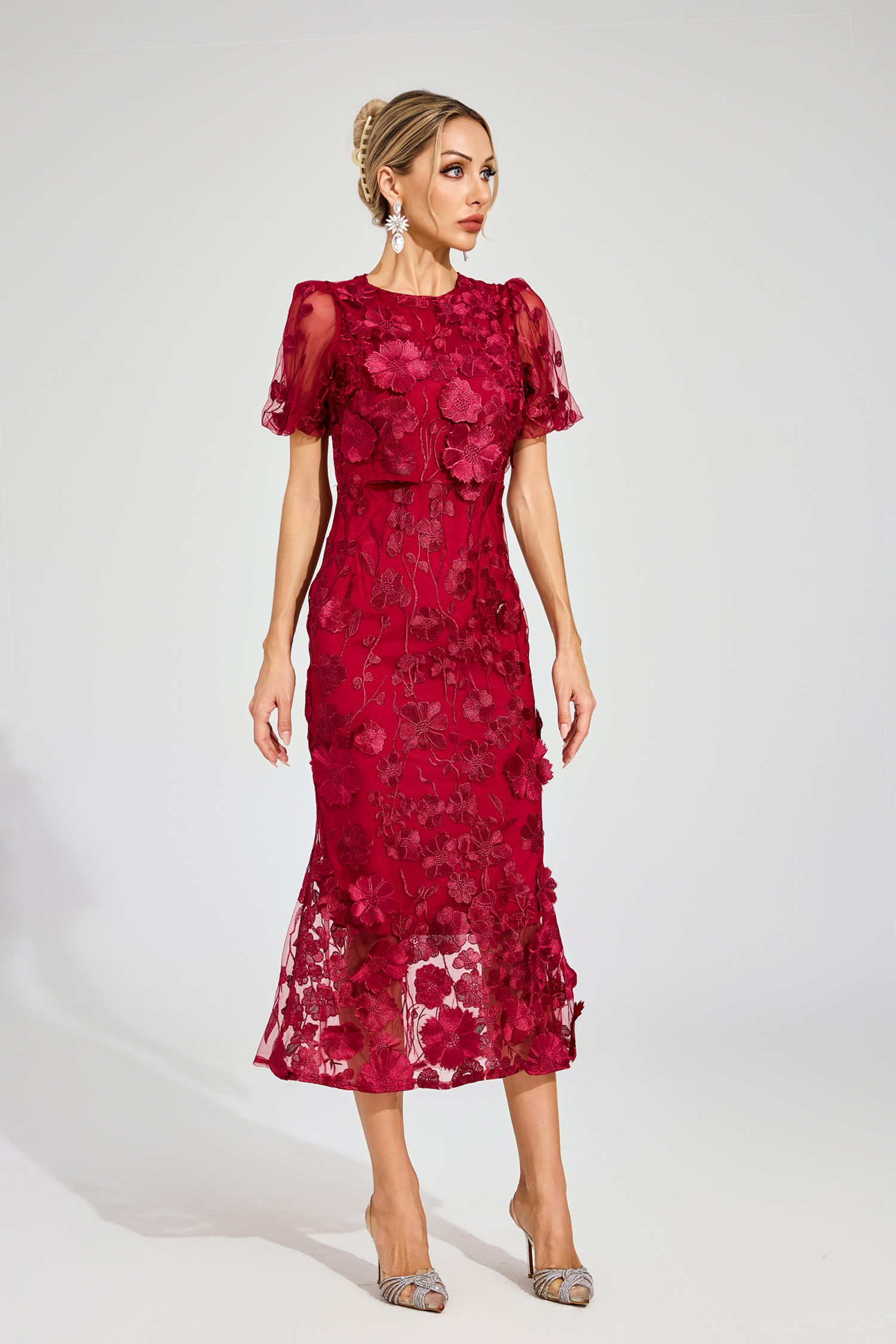 Quincy Red Flower Mesh Dress