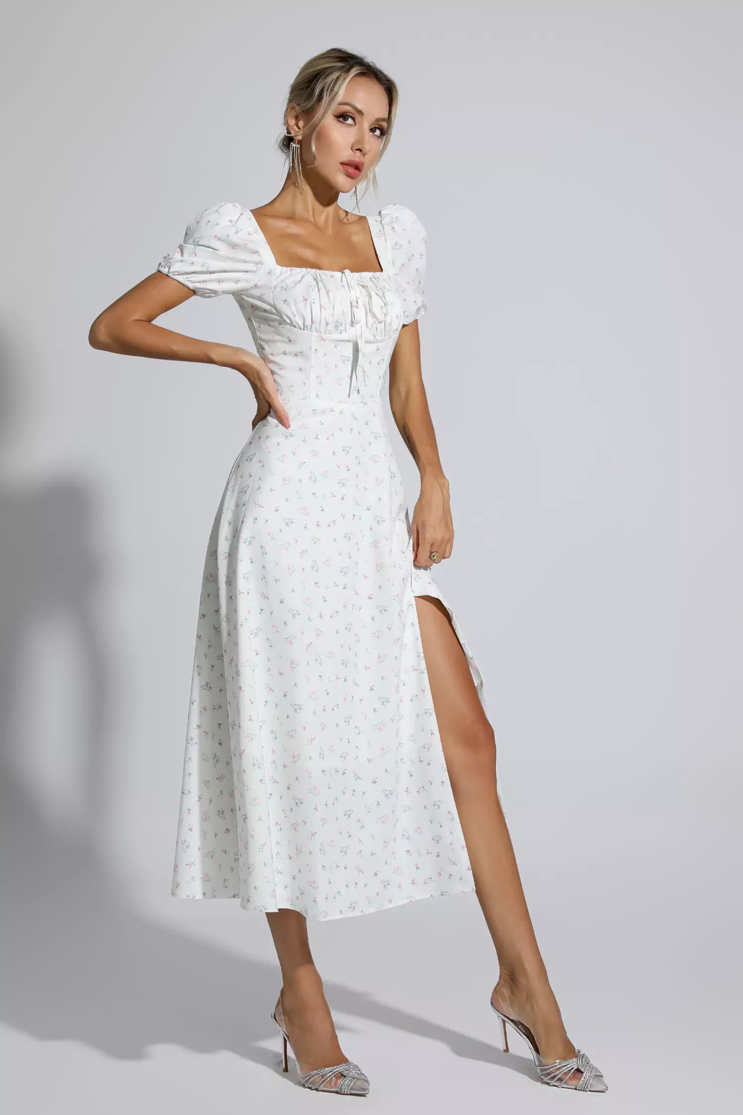 Raelyn Apricot French Floral Midi Dress-CATCHALL