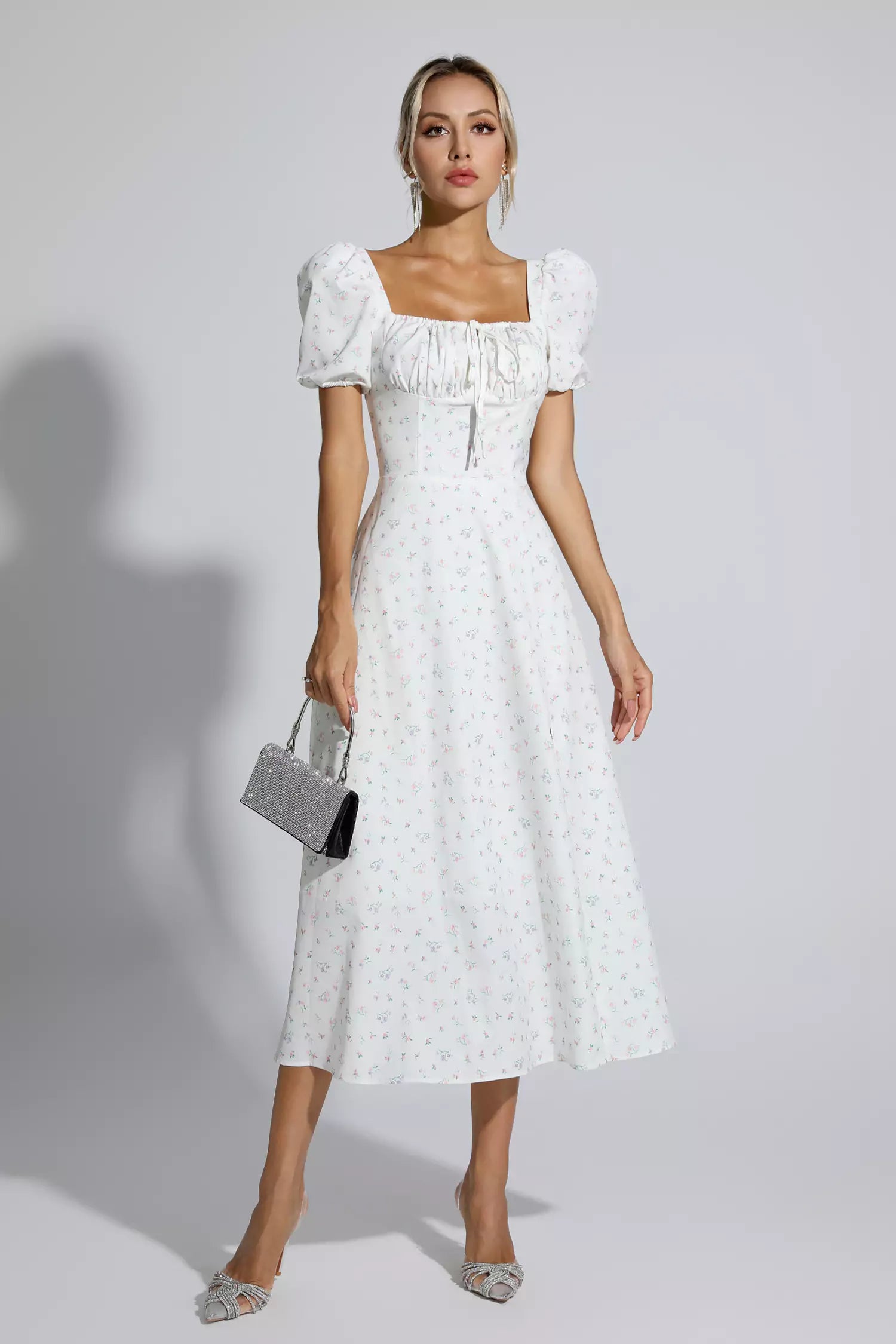 Raelyn Apricot French Floral Midi Dress-CATCHALL