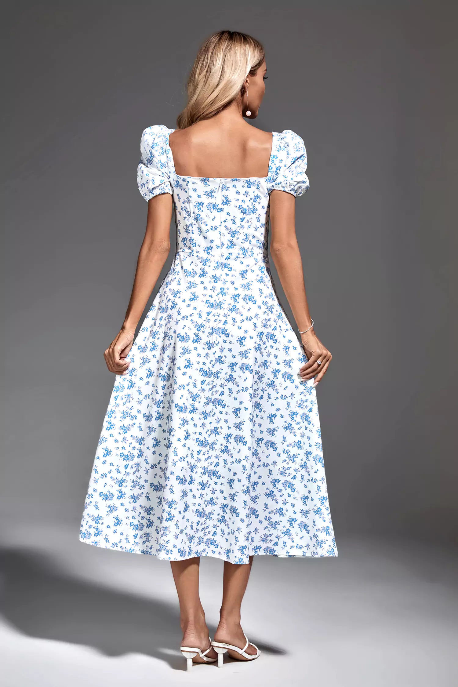 Raelyn Blue French Floral Midi Dress-CATCHALL