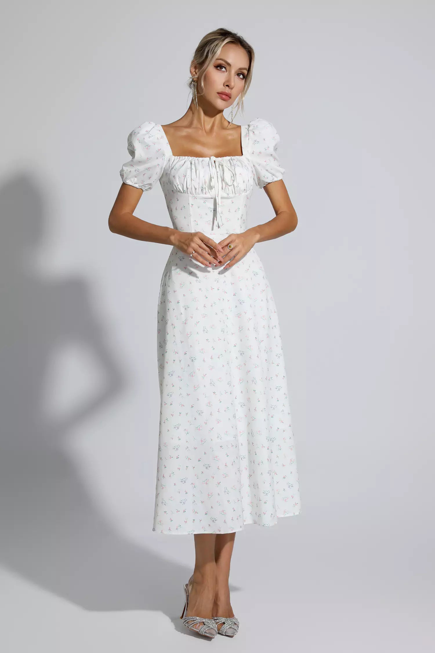 Raelyn Apricot French Floral Midi Dress-CATCHALL